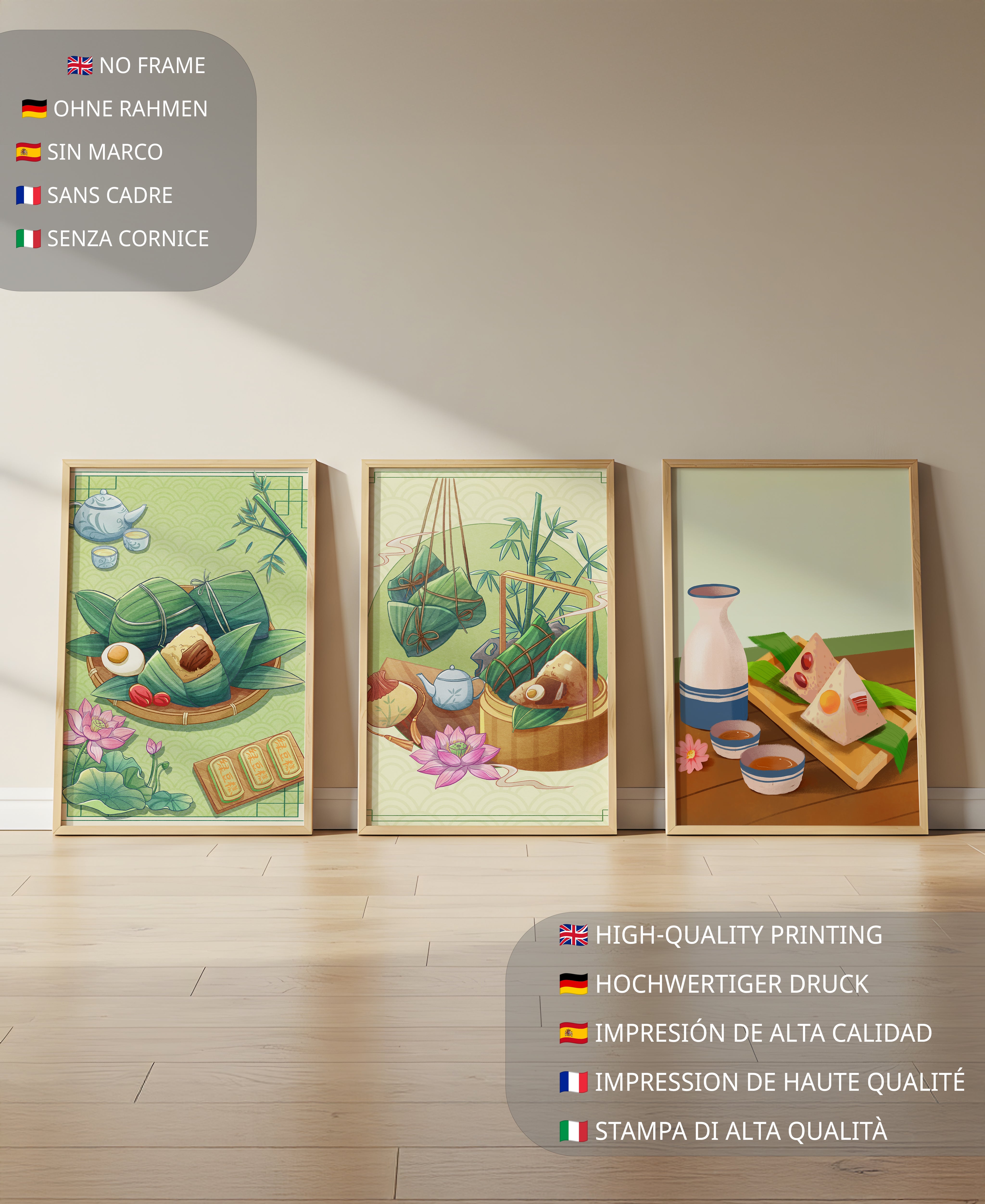 Tableaux d'art inspirés de la culture orientale avec des motifs de nourriture et de nature