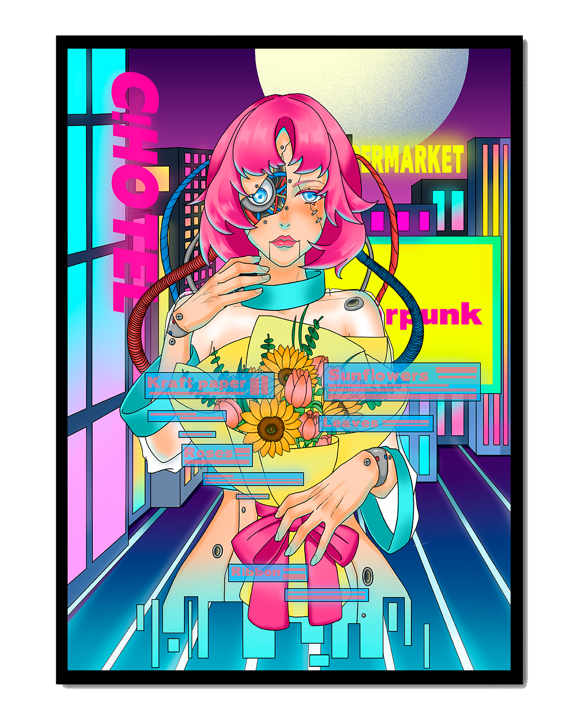 Футуристическая киборг-женщина с розовыми волосами, держащая букет подсолнухов на неоновом городском фоне