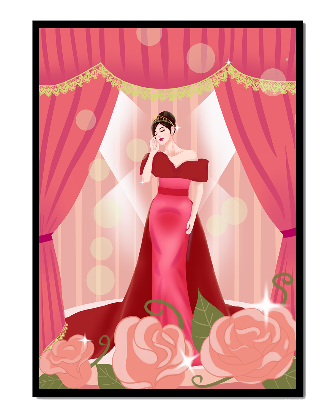 Elegant princess in a red gown on a decorative stage with roses