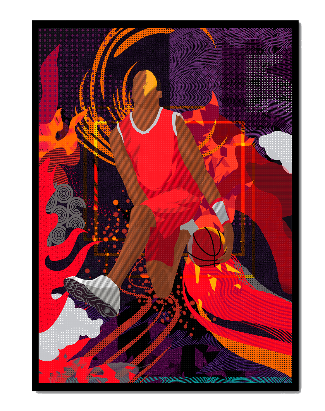 Dynamic illustration of a basketball player in motion with abstract patterns