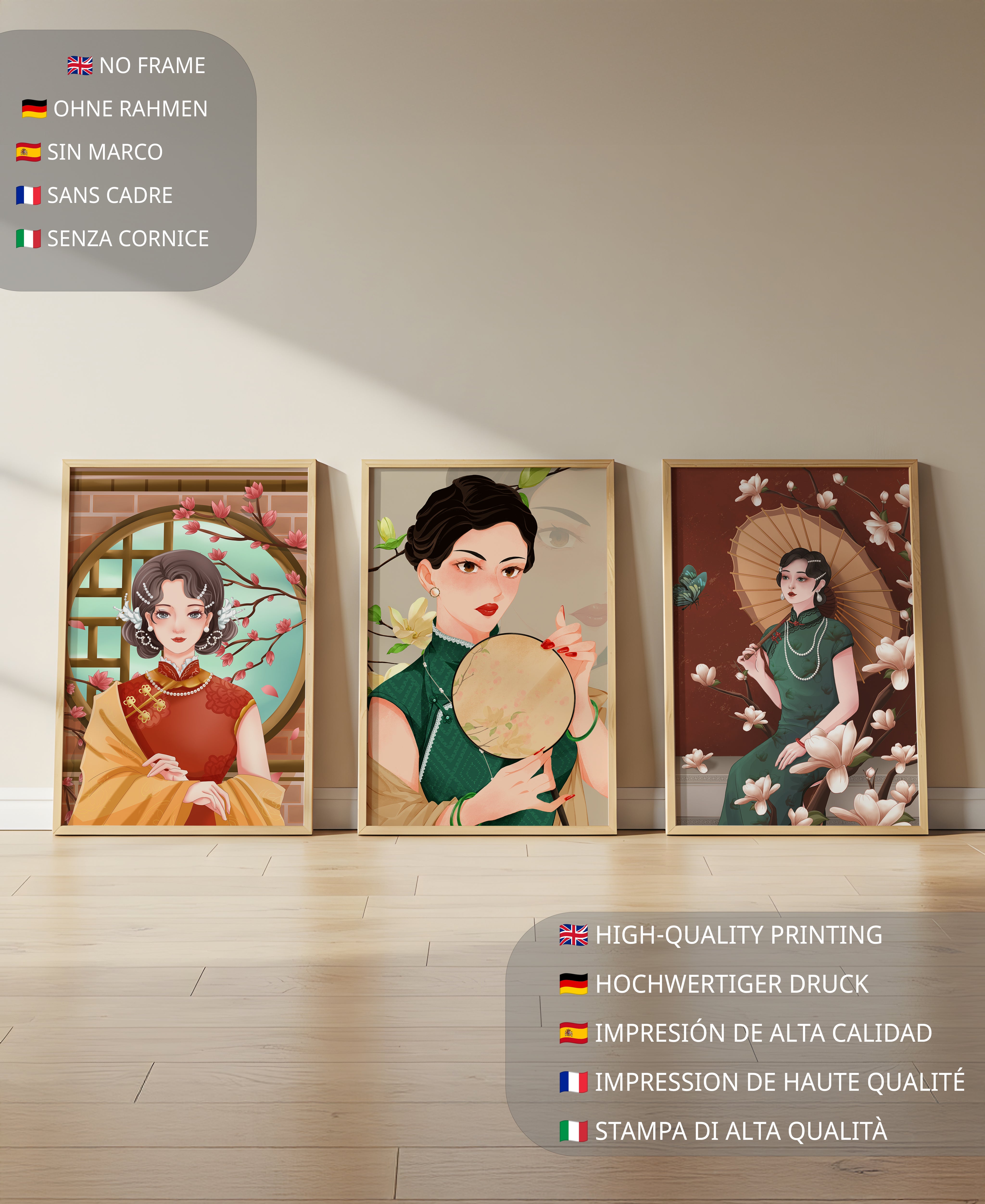 Tableaux décoratifs avec femmes et motifs floraux asiatiques