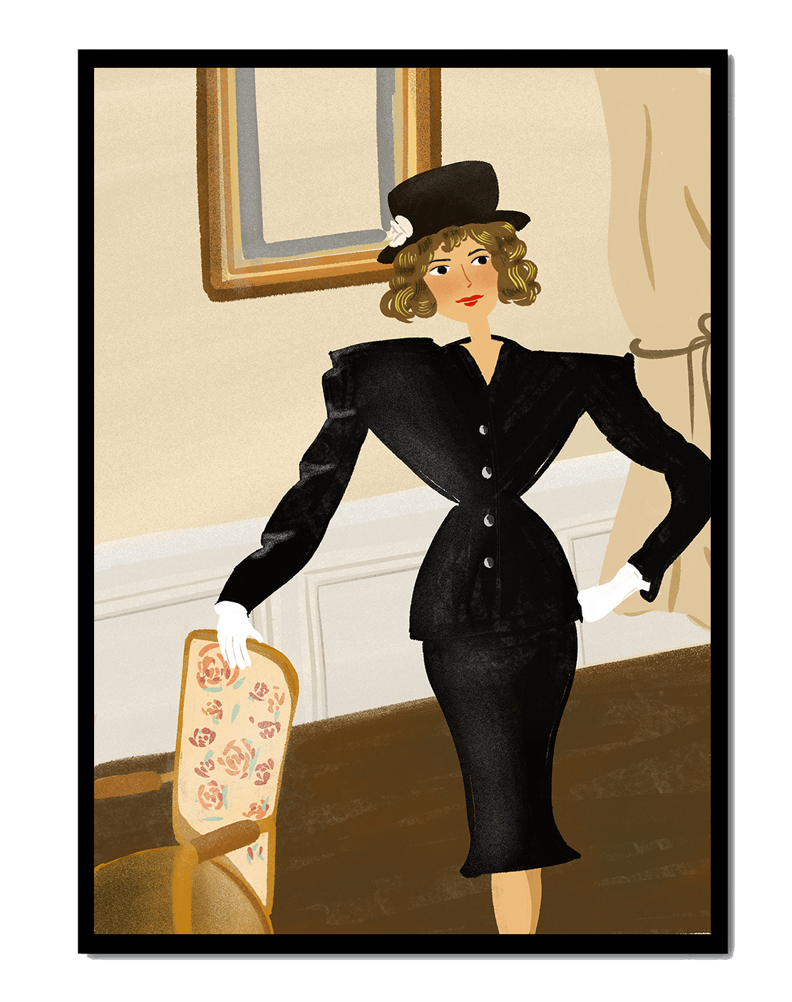 Mujer elegante en moda vintage con traje negro y sombrero