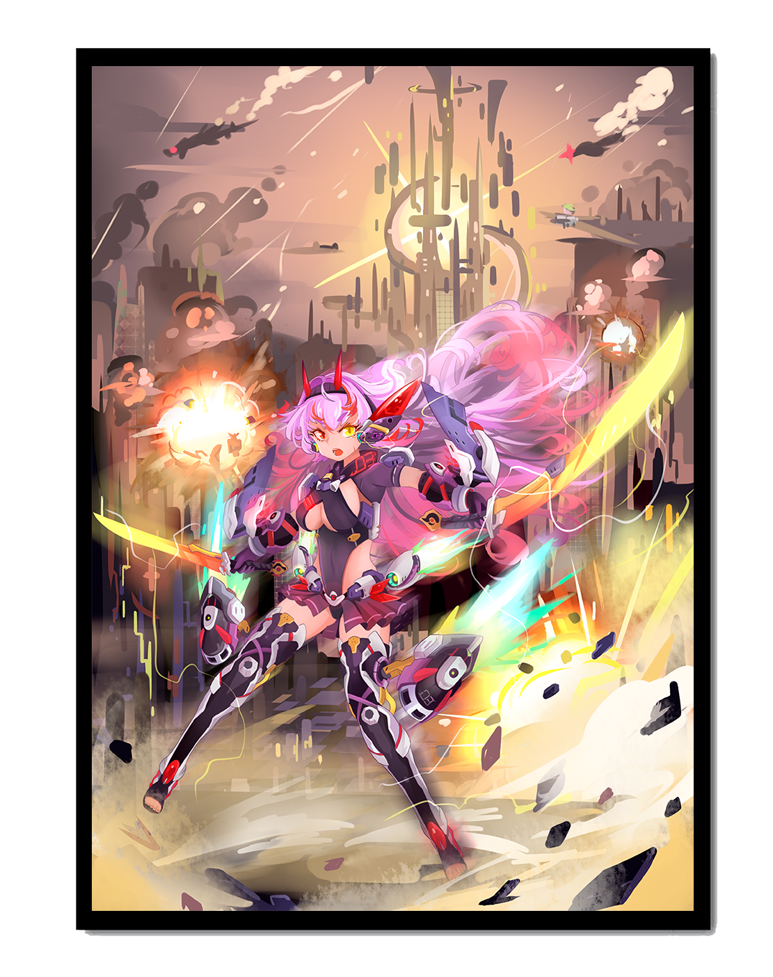 Футуристический аниме-воин с энергетическими мечами в научно-фантастическом городском пейзаже