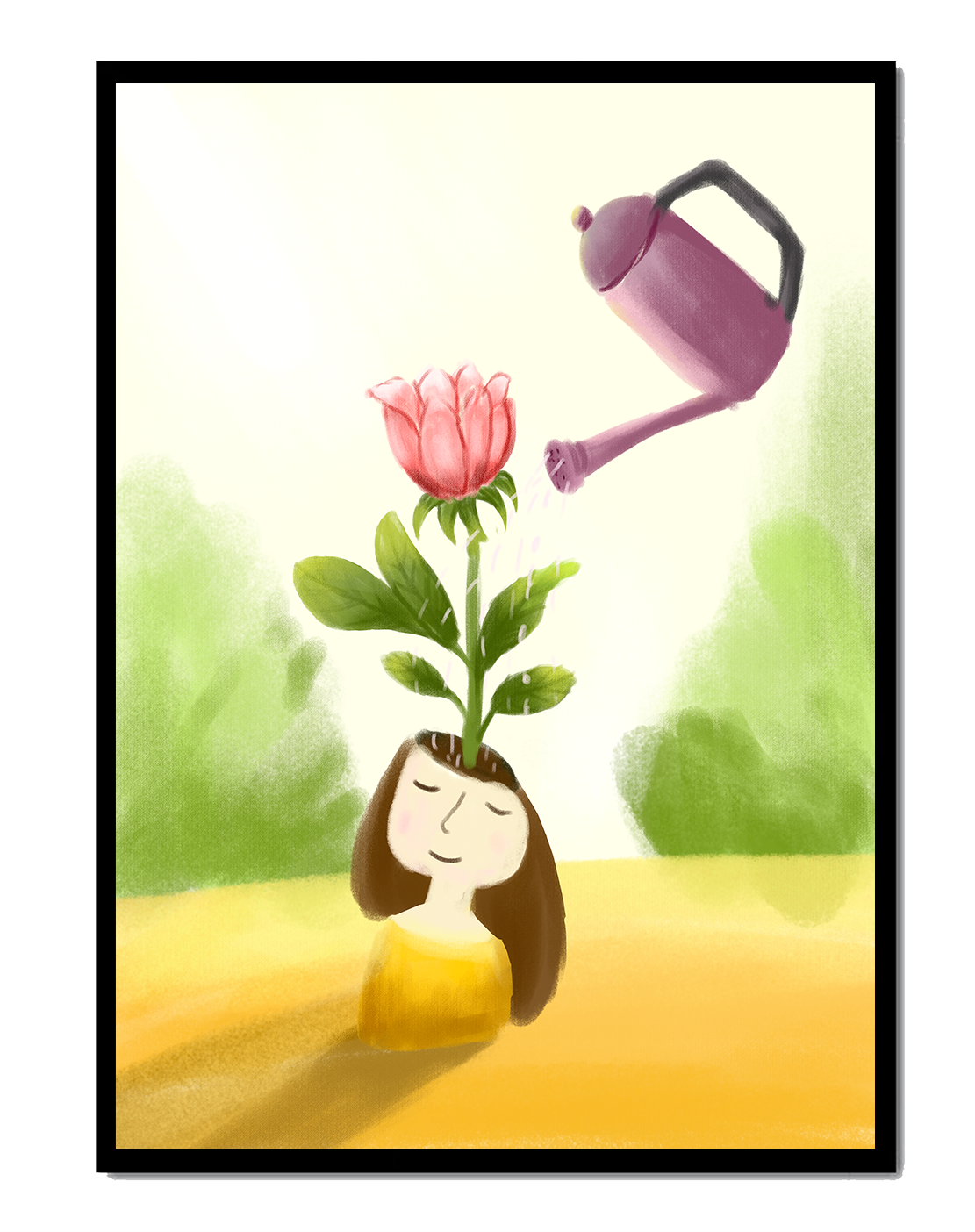 Illustration of a girl with a flower growing from her head being watered