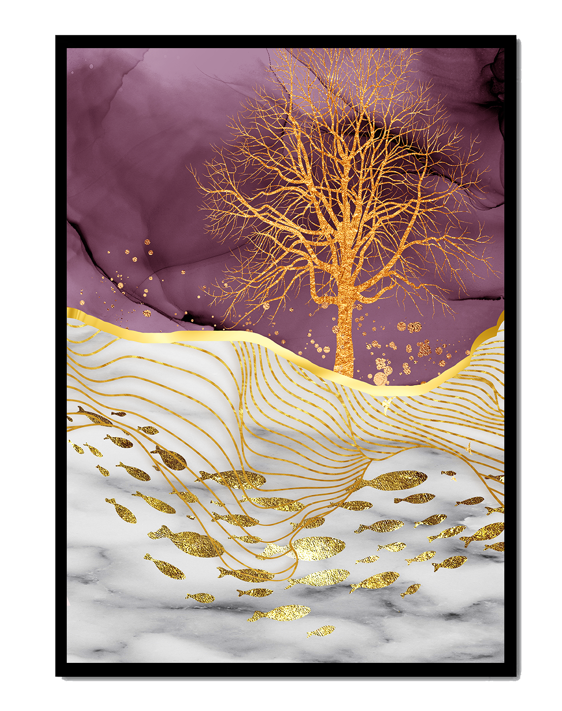 Abstract Tree with Gold Fish on Marble Background