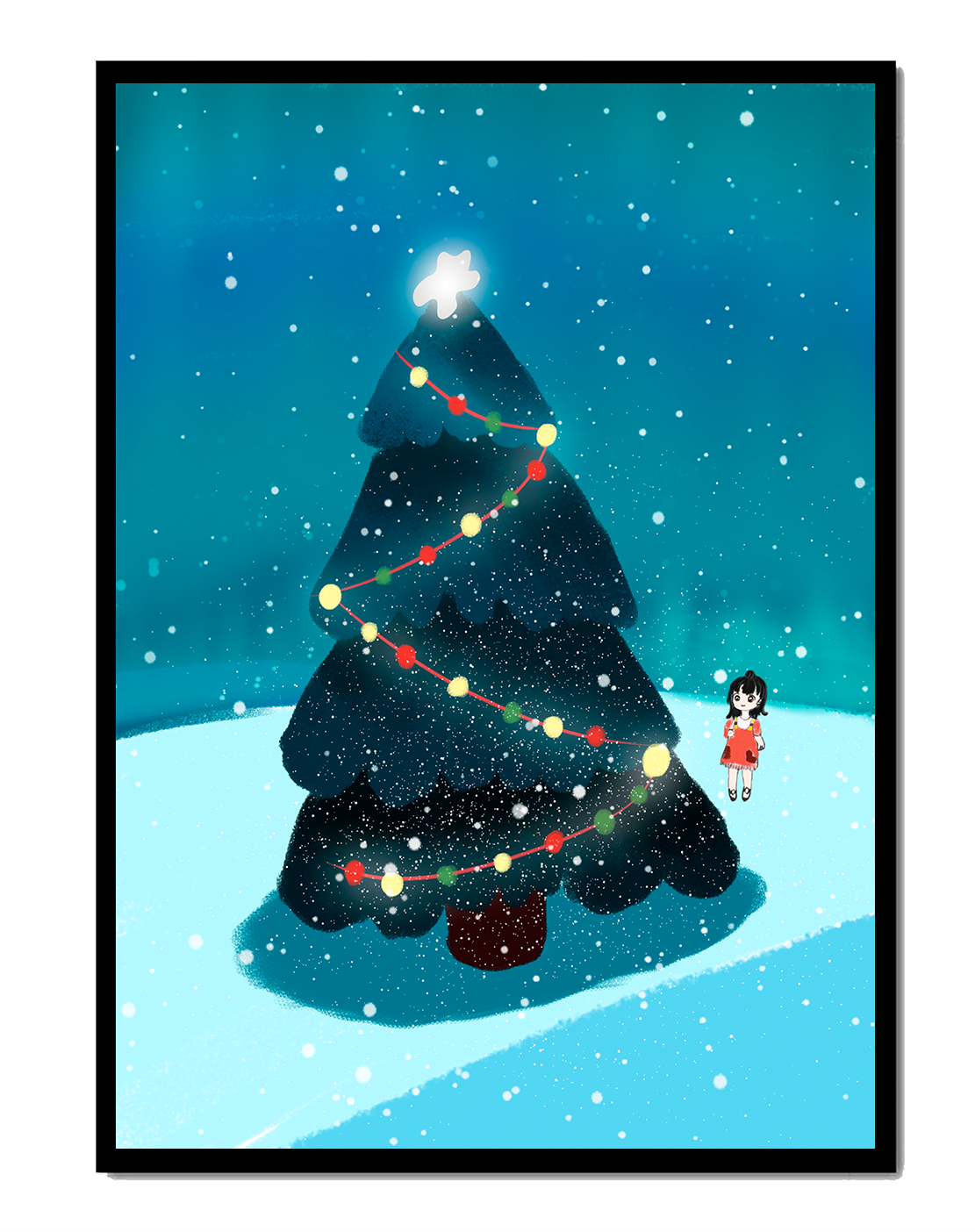 Escena de invierno con árbol de Navidad decorado y nevada – Posters and  canvases of high quality, image size:1111x1404