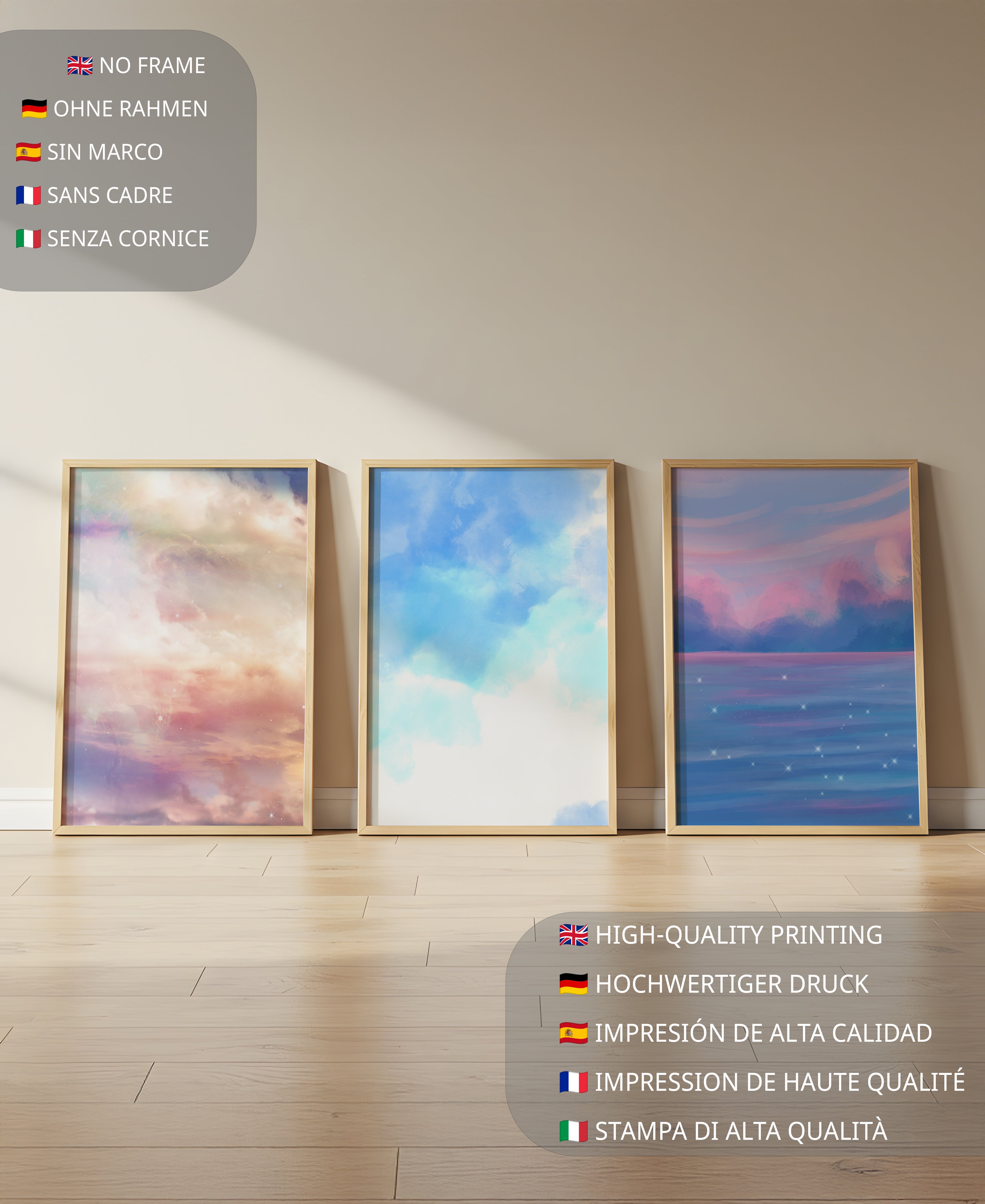 Tríptico de Paisajes Abstractos con Marcos Dorados