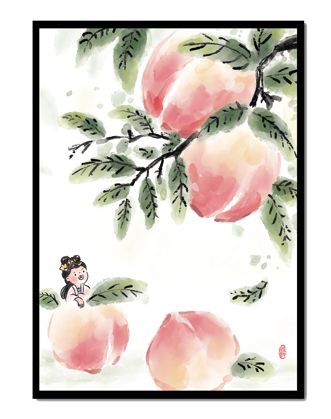 Charming Illustration of a Girl Among Peach Blossoms with Green Leaves