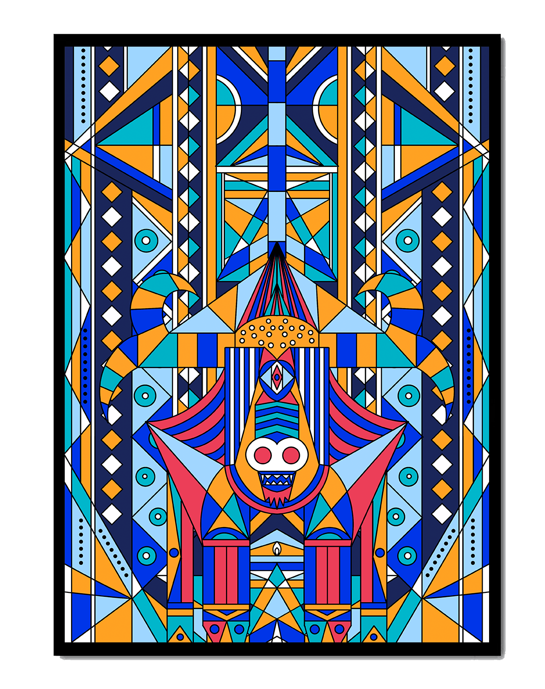Arte tribal abstracto geométrico con patrones simétricos en azul y naranja