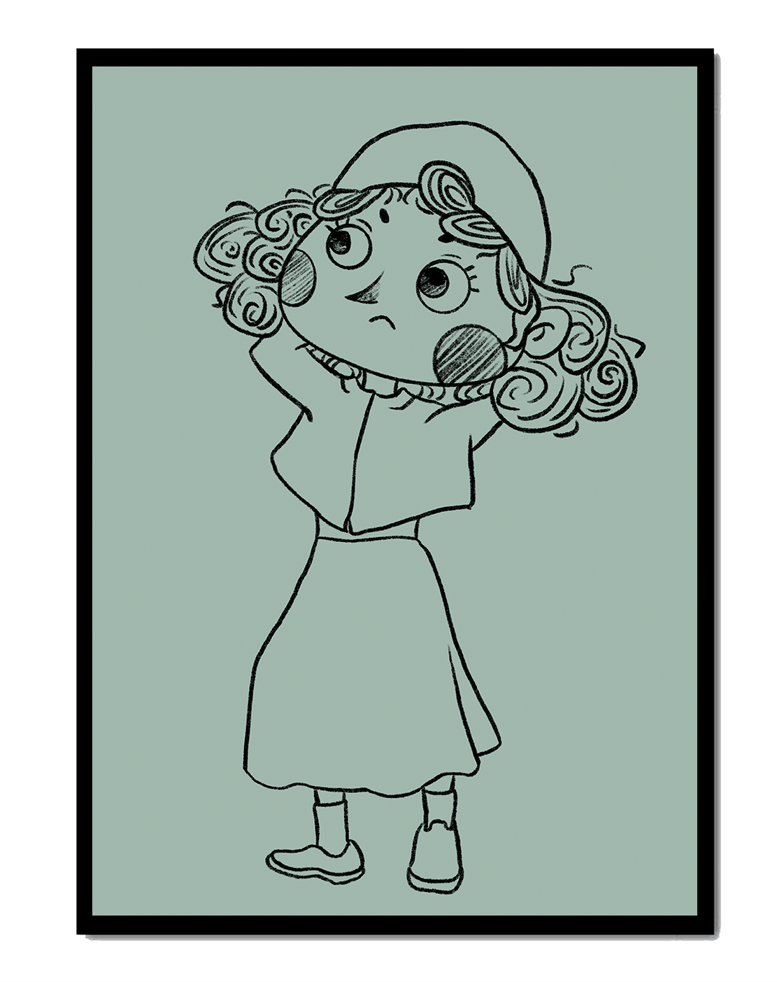 Ilustración a mano de un personaje de dibujos animados pensativo con cabello rizado y gorro