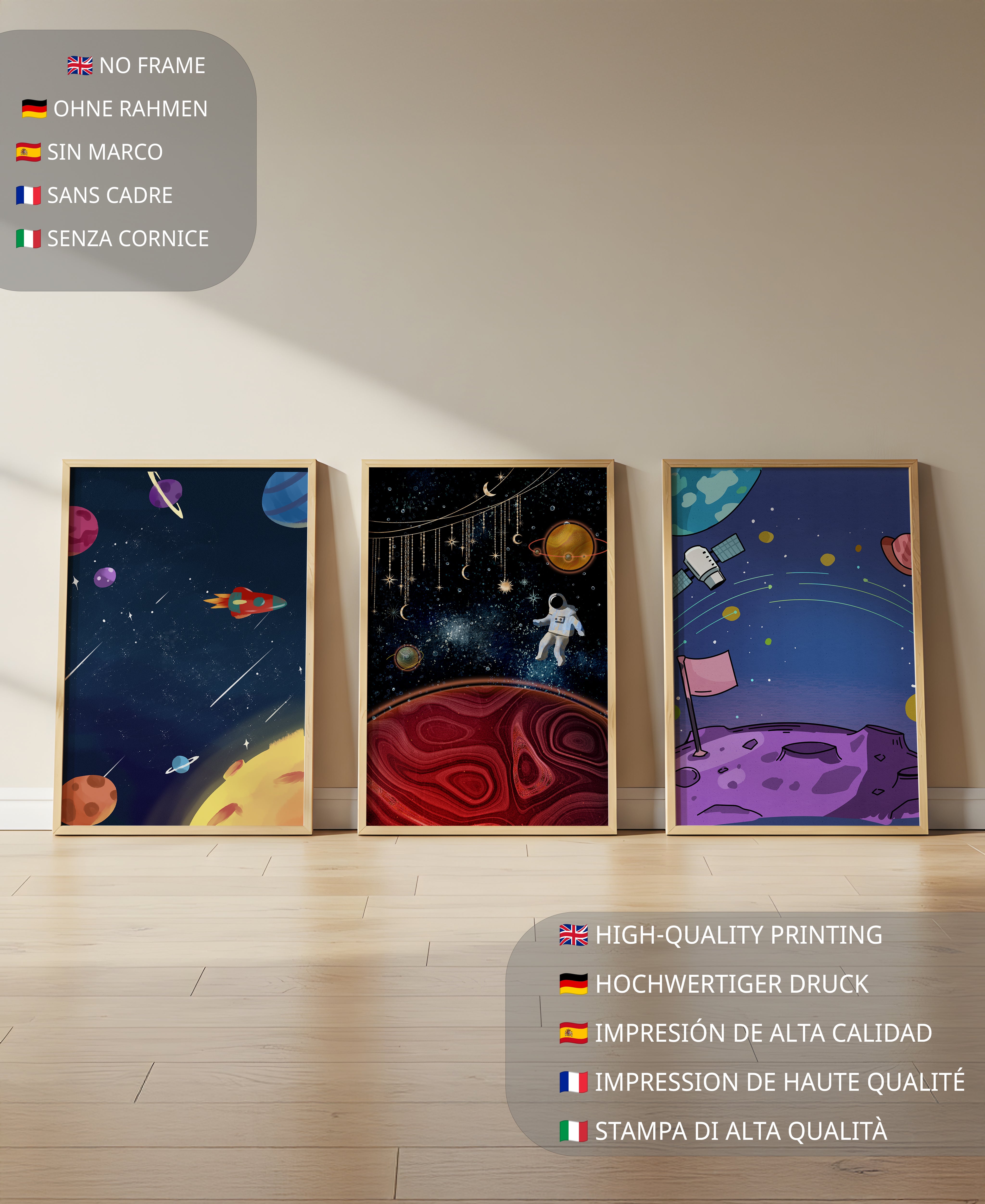 Conjunto de Obras Espaciales Modernas con Detalles Dorados