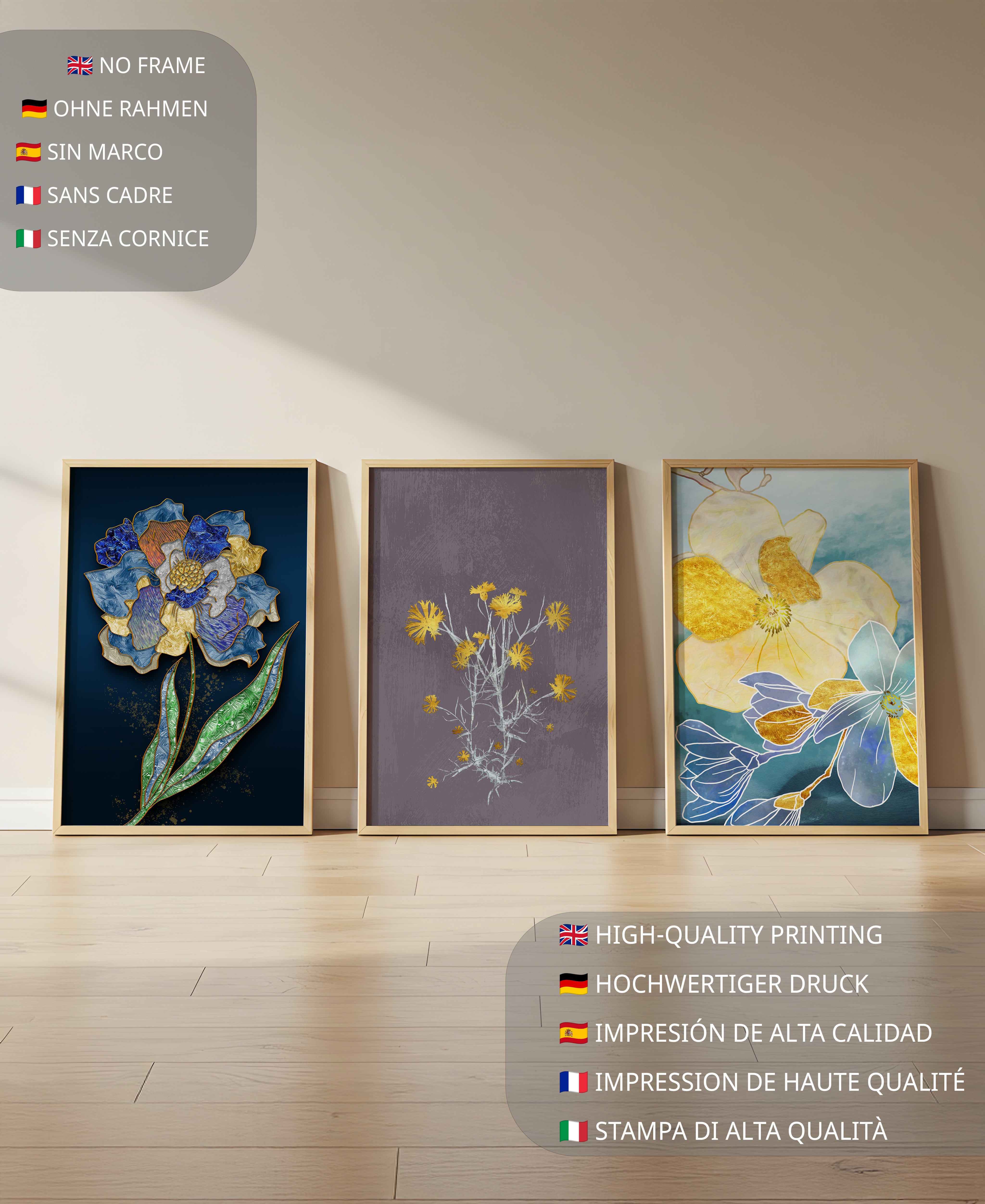 Art floral moderne avec des motifs de fleurs et des éléments dorés