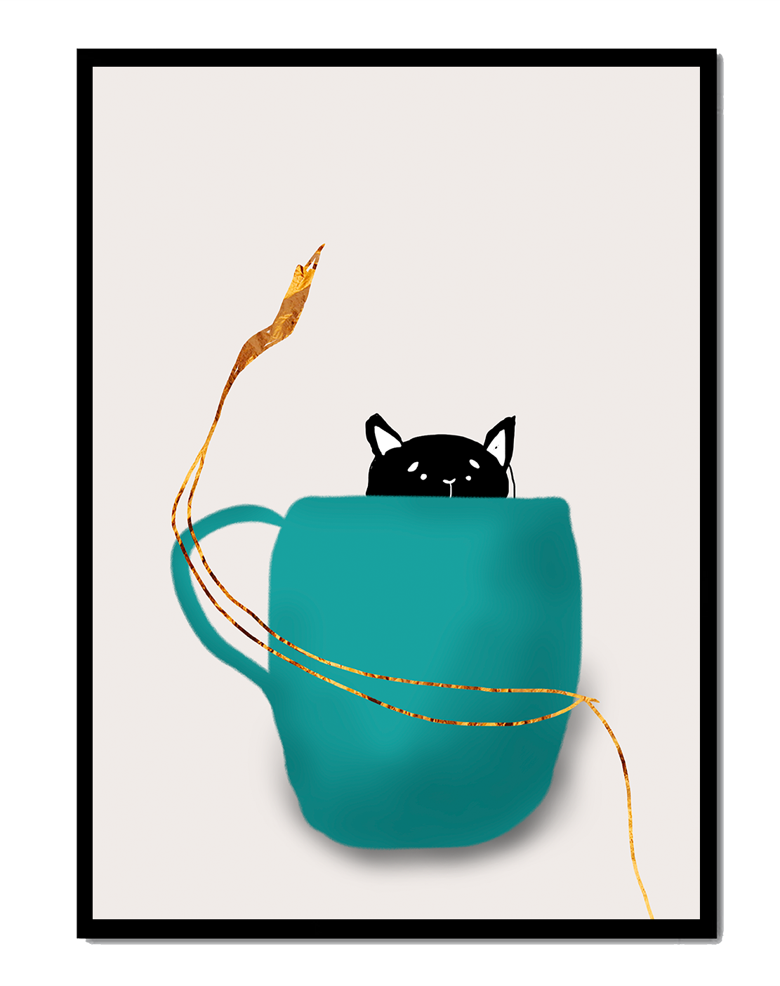 Cat in teal cup with golden elements