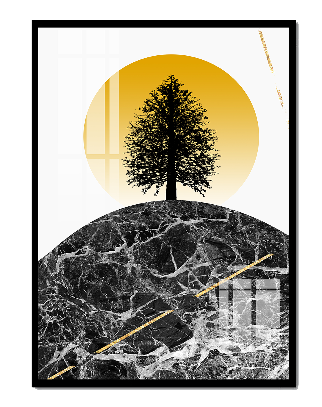 Tree Silhouette on Marble and Golden Sun Artistic Print