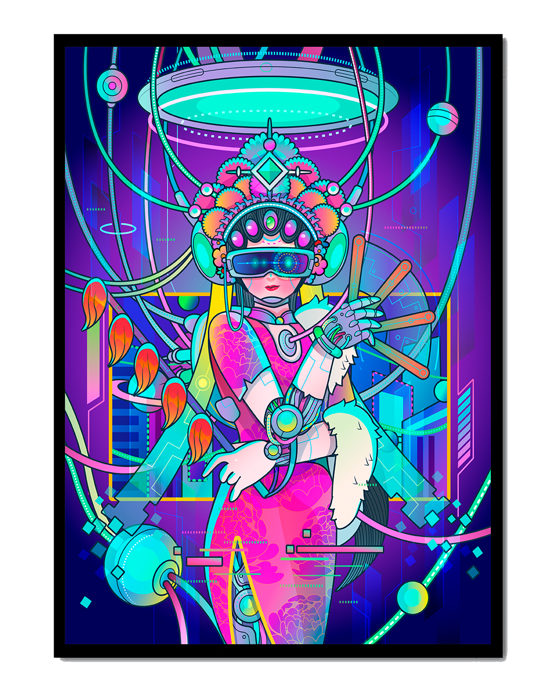 Futuristic cyberpunk geisha with virtual reality elements