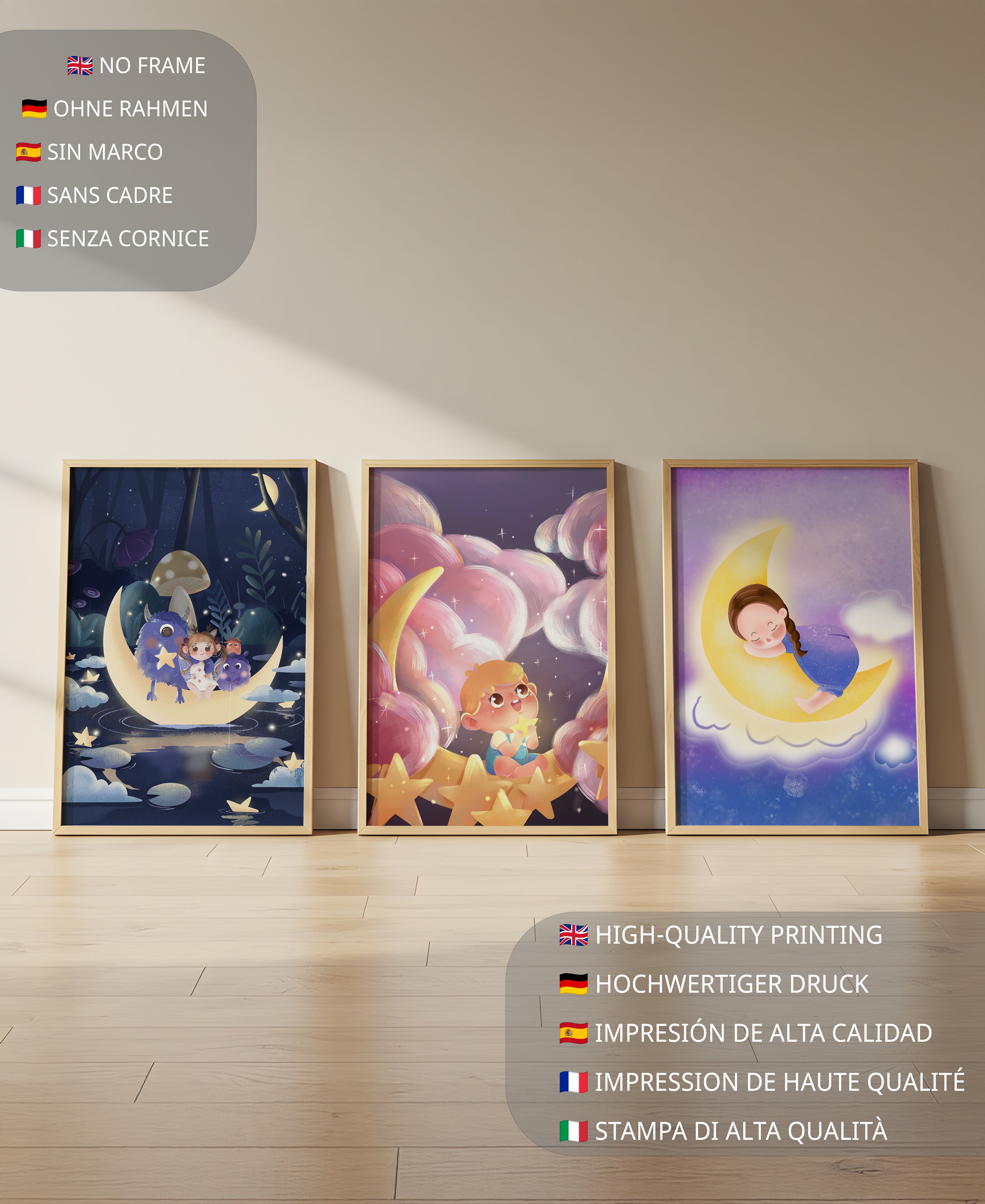 Tríptico de Arte Infantil con Temática de Luna y Estrellas