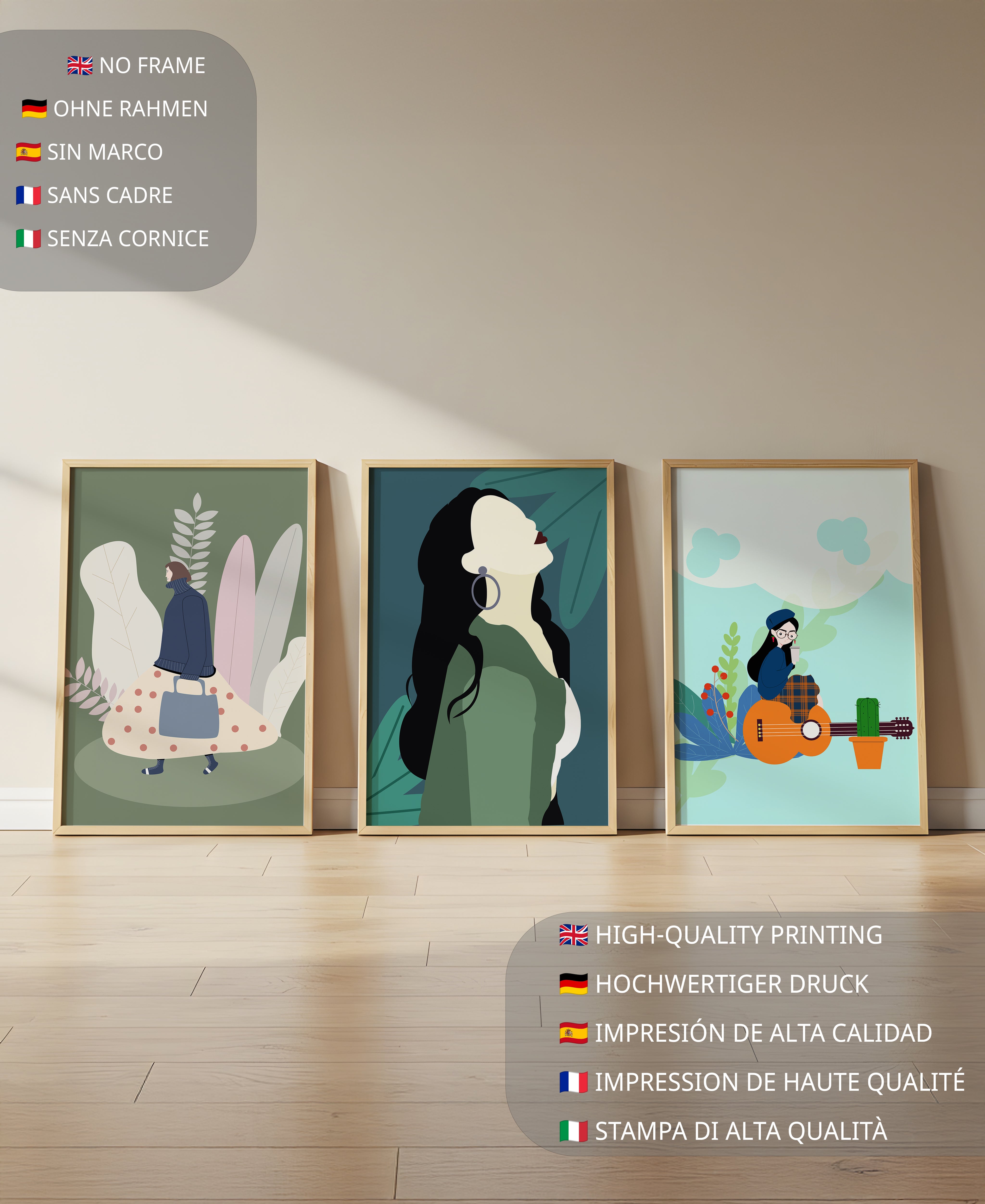 Triptyque d’Illustrations Modernes avec Figures Féminines