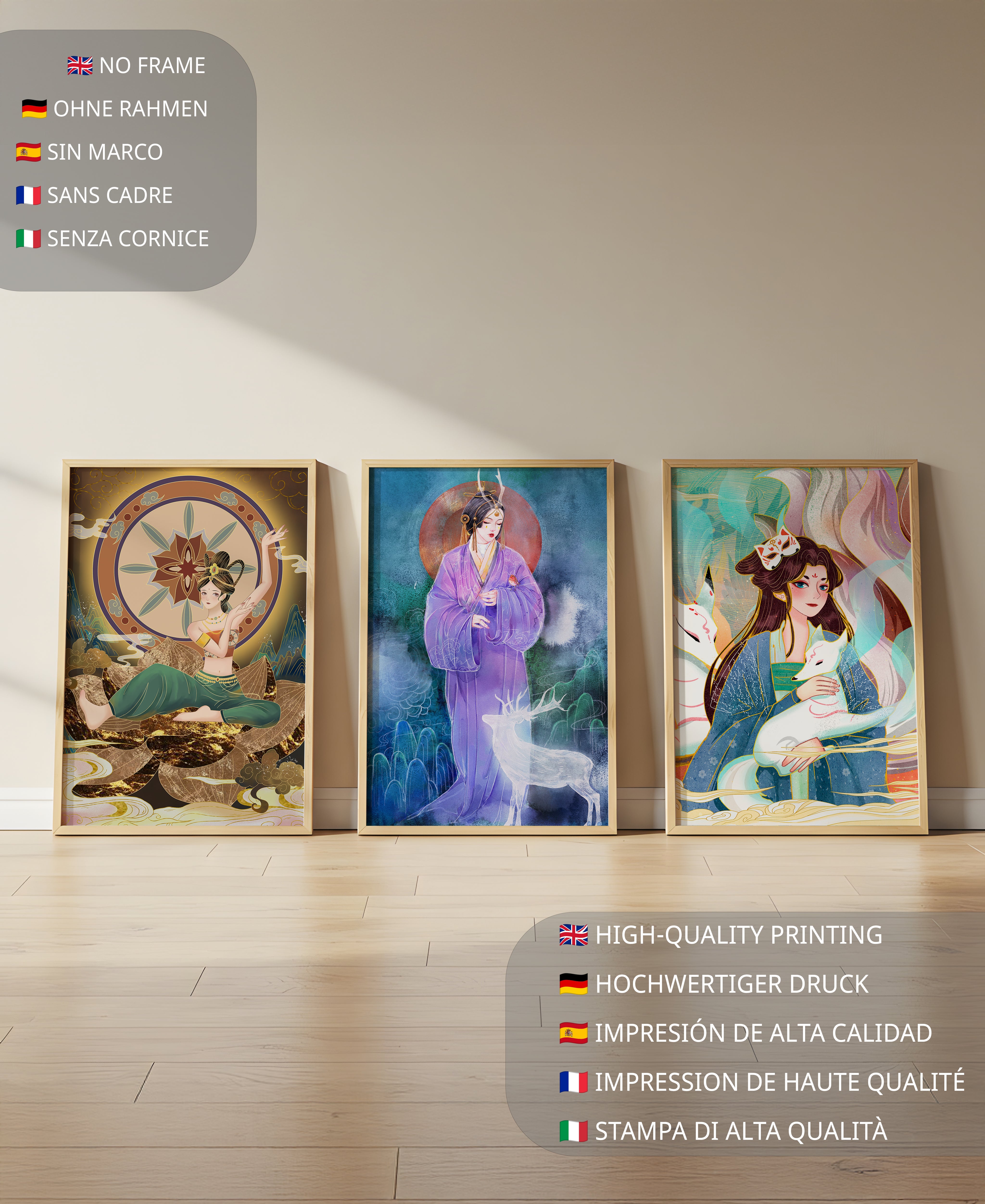 Art oriental avec figures mystiques en exposition sans cadre