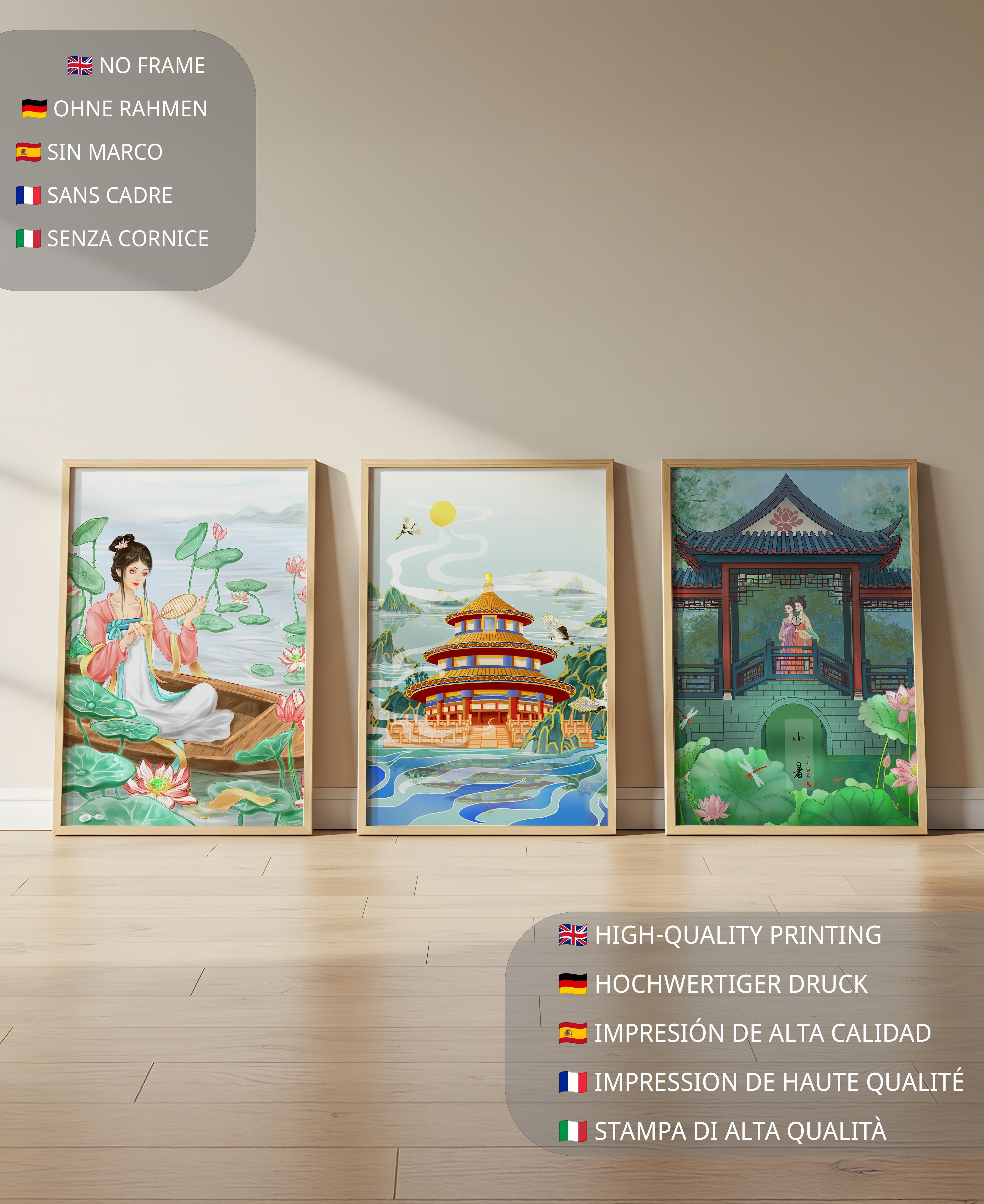 Triptyque d'illustrations orientales dans des intérieurs modernes