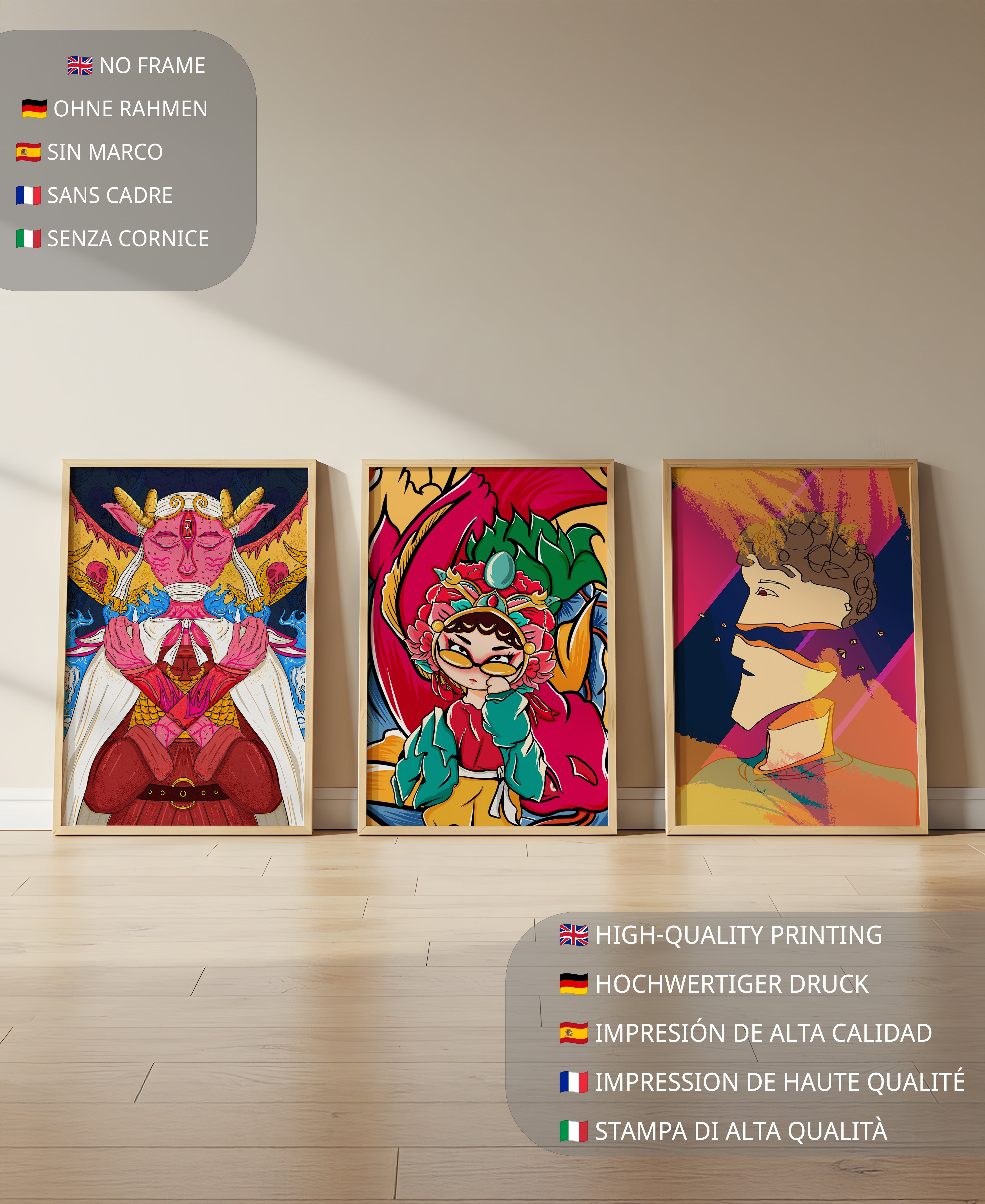 Conjunto de Tres Obras de Arte Pop sin Marco