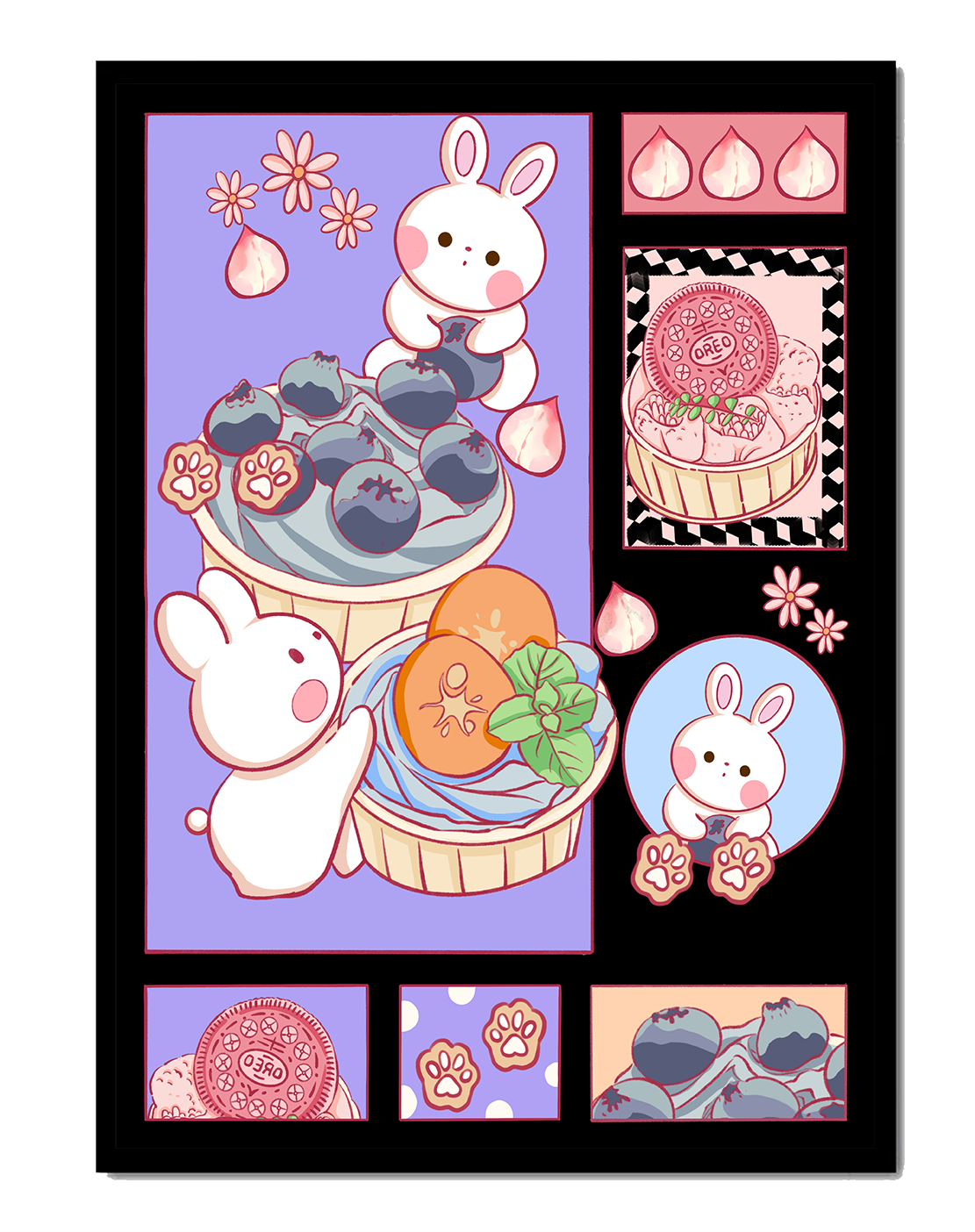 Conejos de dibujos animados encantadores con postres y arándanos