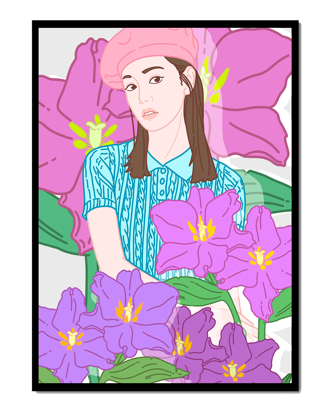 Ilustración de una joven con boina rosa y flores moradas