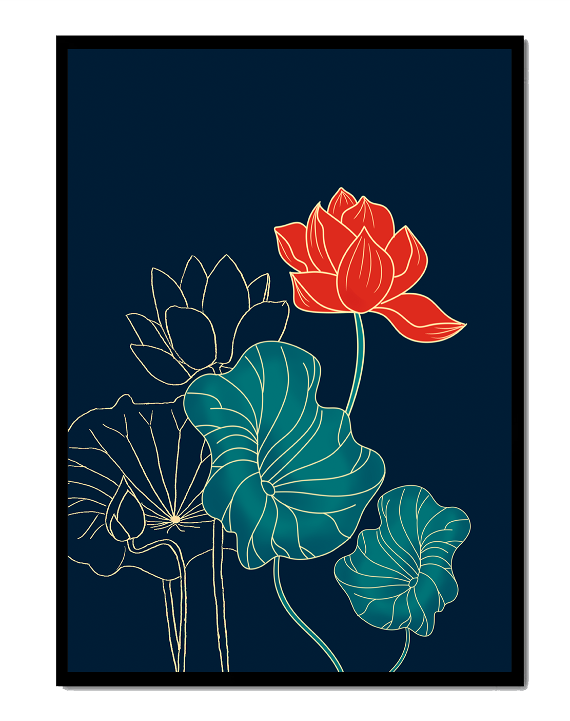Elegant Floral Illustration with Vibrant Lotus and Gold Outlines on Dark Background
