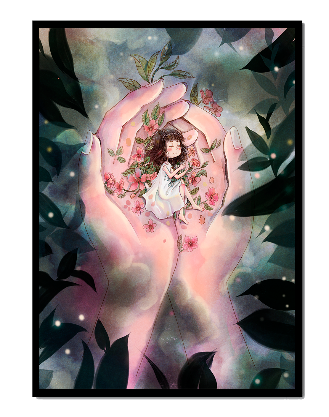 Serene illustration of a child cradled in hands with flowers