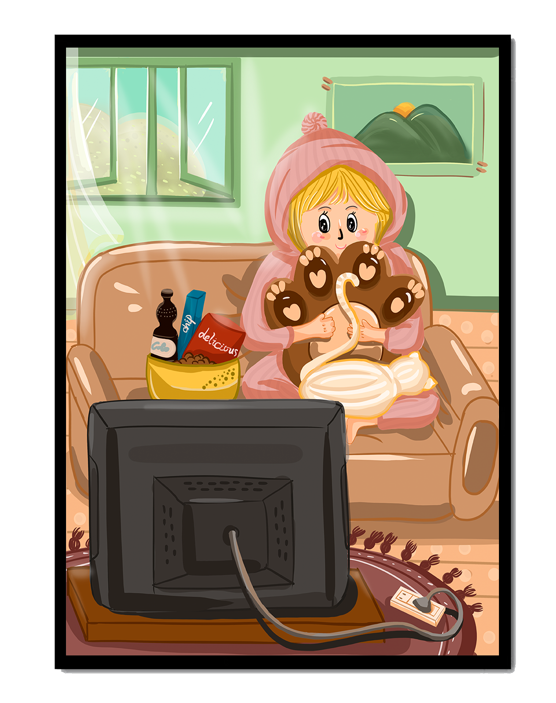Cozy cartoon scene: person with cat and snacks on a sofa