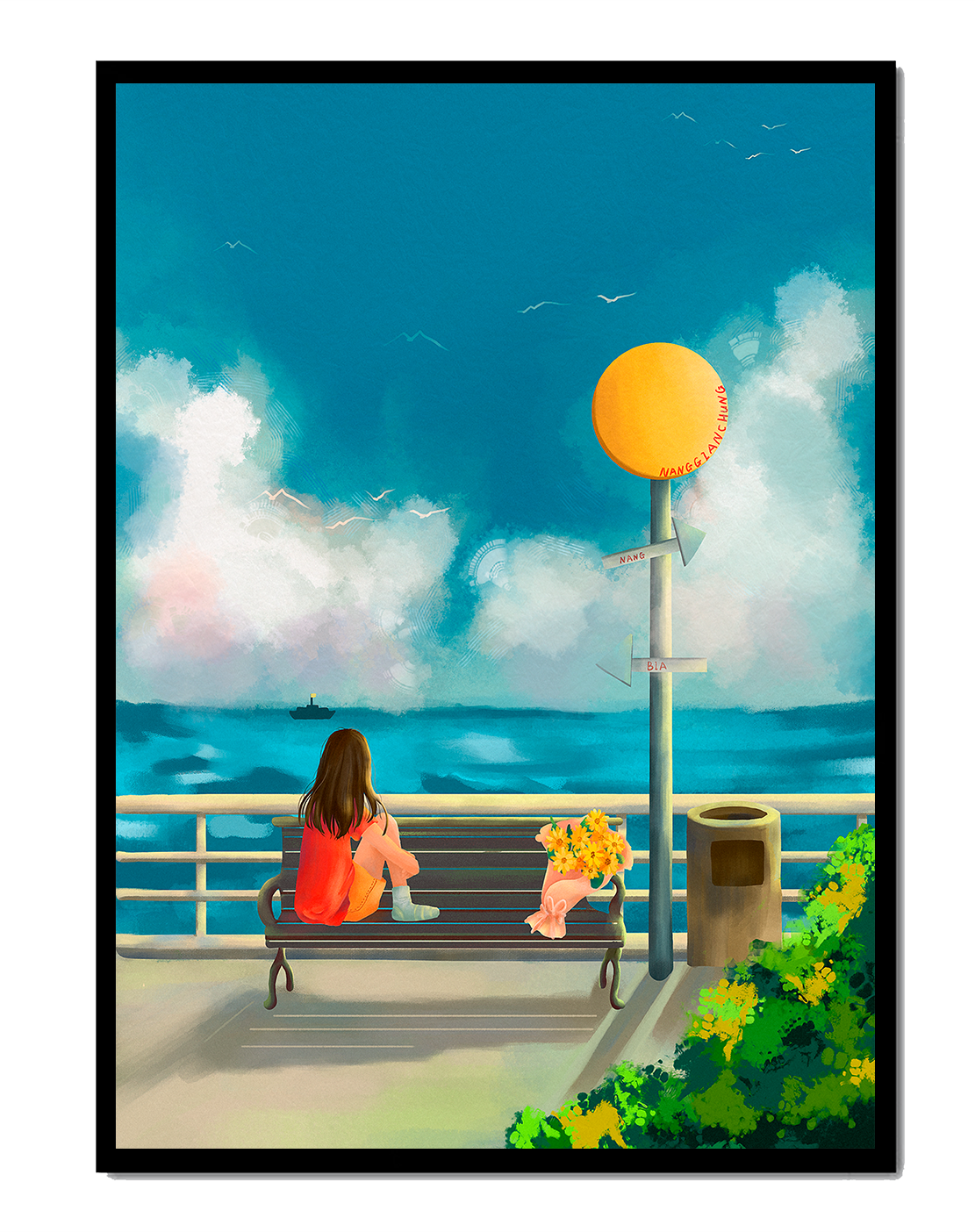 Serene waterfront scene with woman on bench facing the sea
