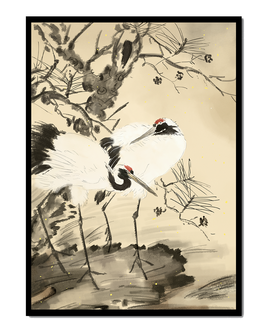 Traditional Japanese Painting of Cranes with Pine Tree and Gold Details