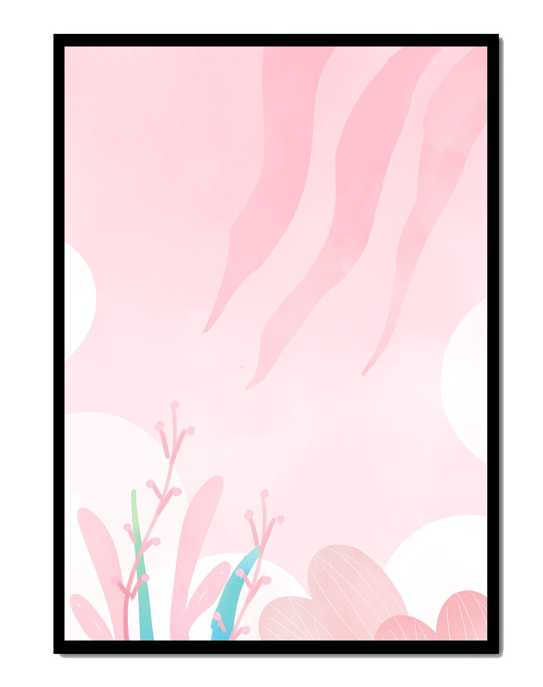Soft Pink Abstract Floral Design with Stylized Leaves and Waves