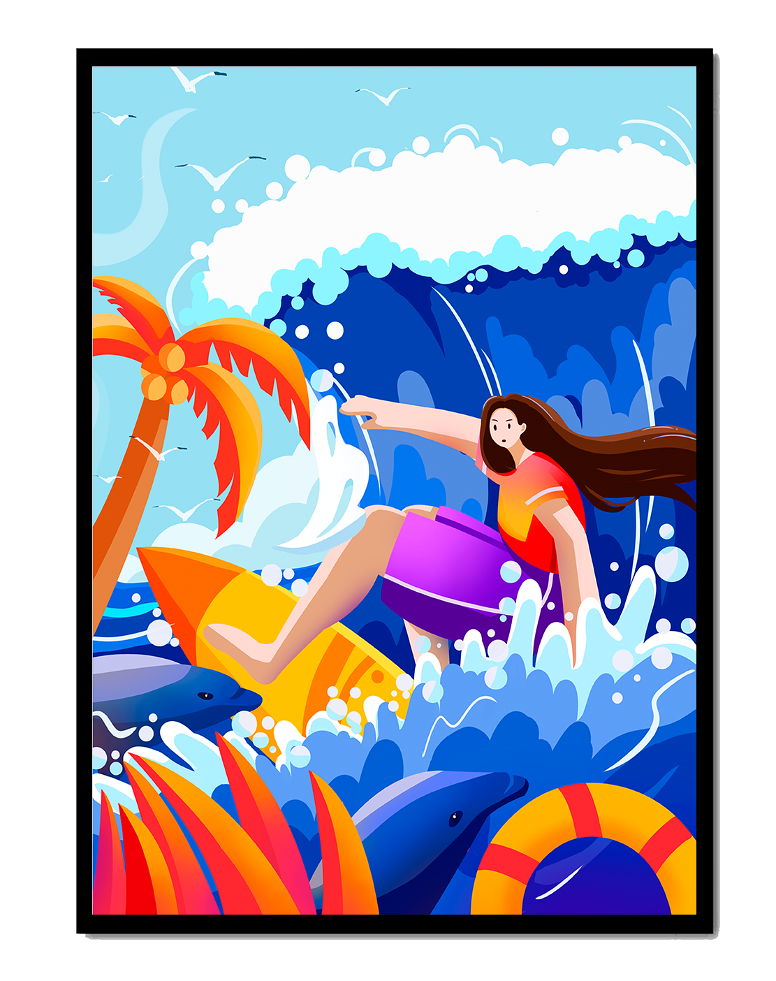 Illustration of a surfer riding a wave among dolphins and palm trees