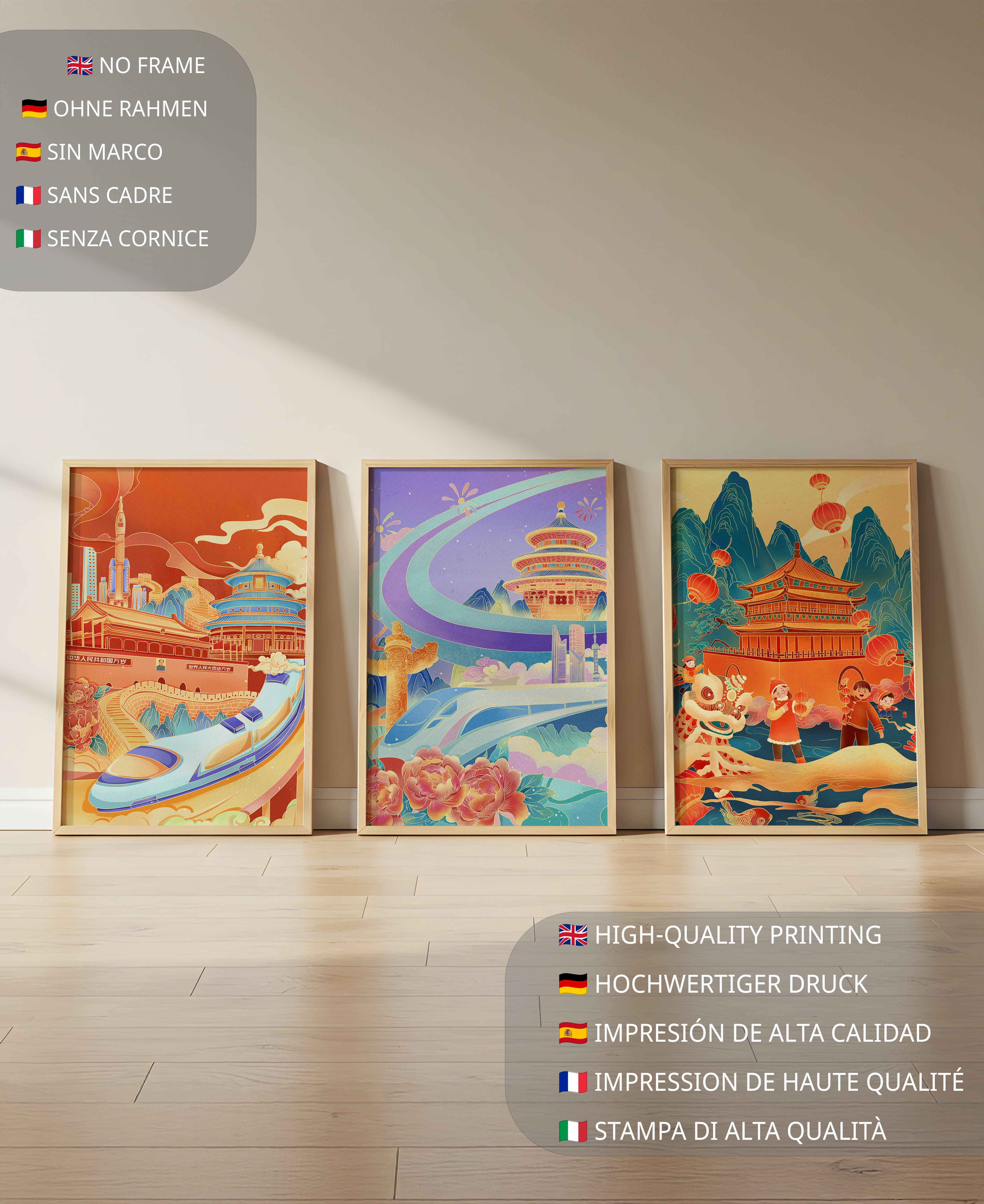 Posters de Arquitectura Asiática con Trenes y Danzas Tradicionales