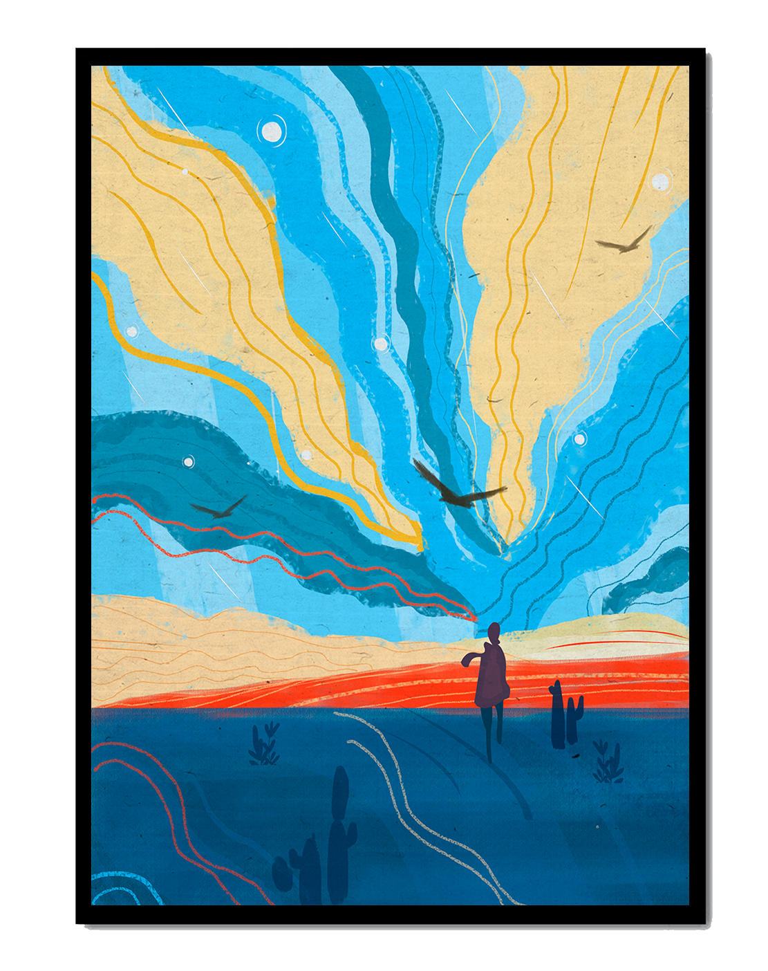 Colorful abstract landscape with figure and birds