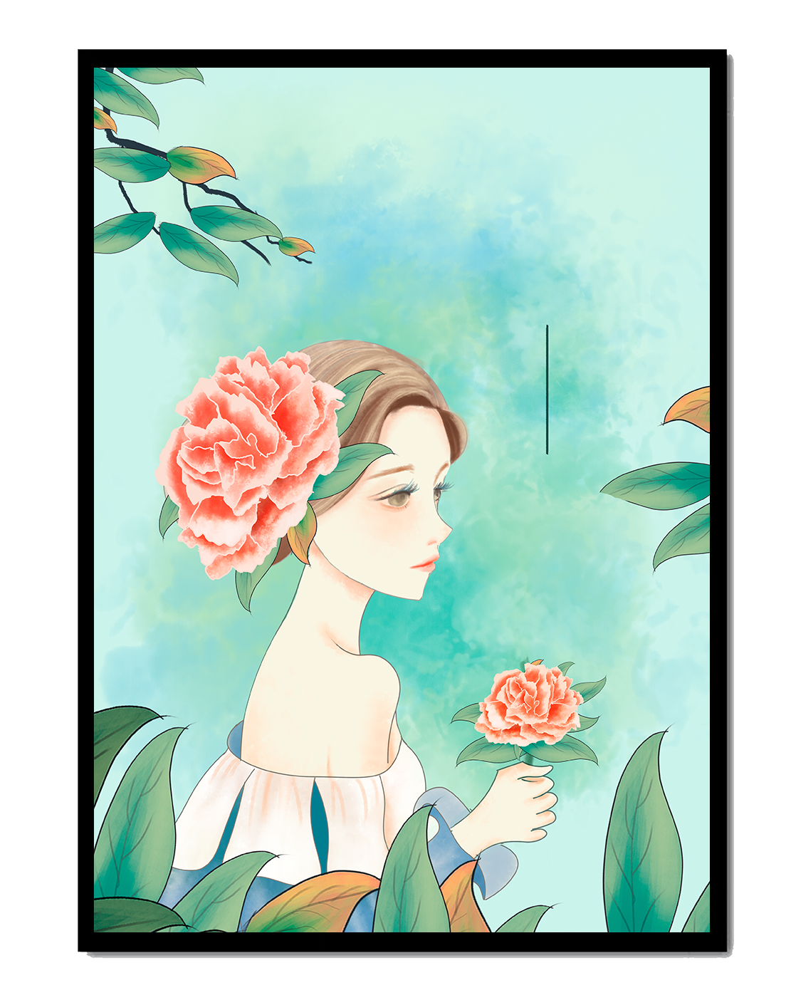 Illustration of a woman with a flower and text saying "Hello, July"