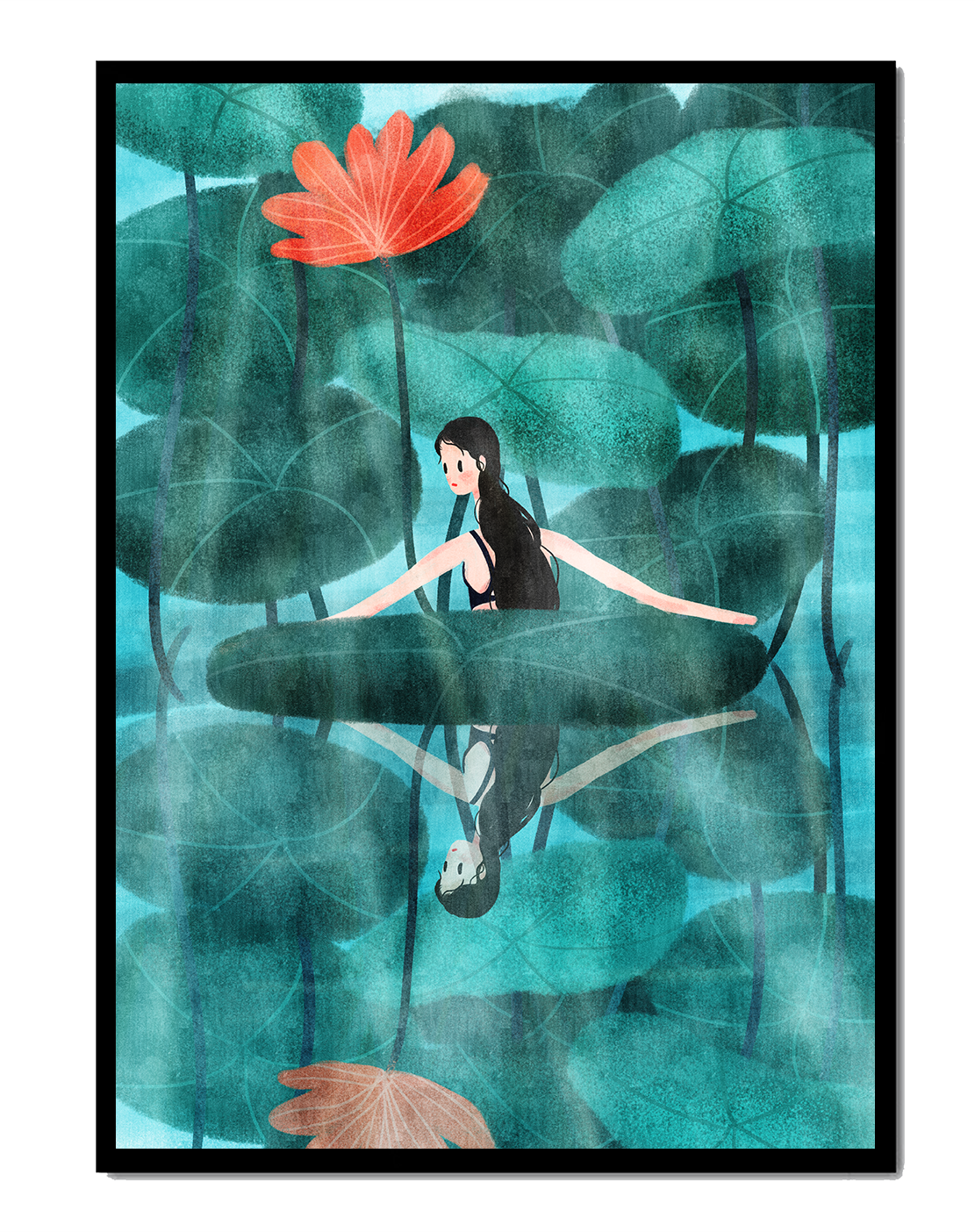 Woman Reflecting among Lotus Leaves and Flowers with a Mirror Image
