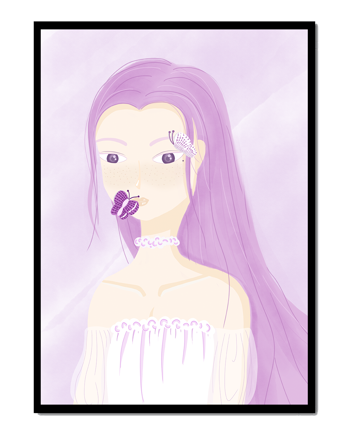 Illustration of a woman with purple hair and butterflies