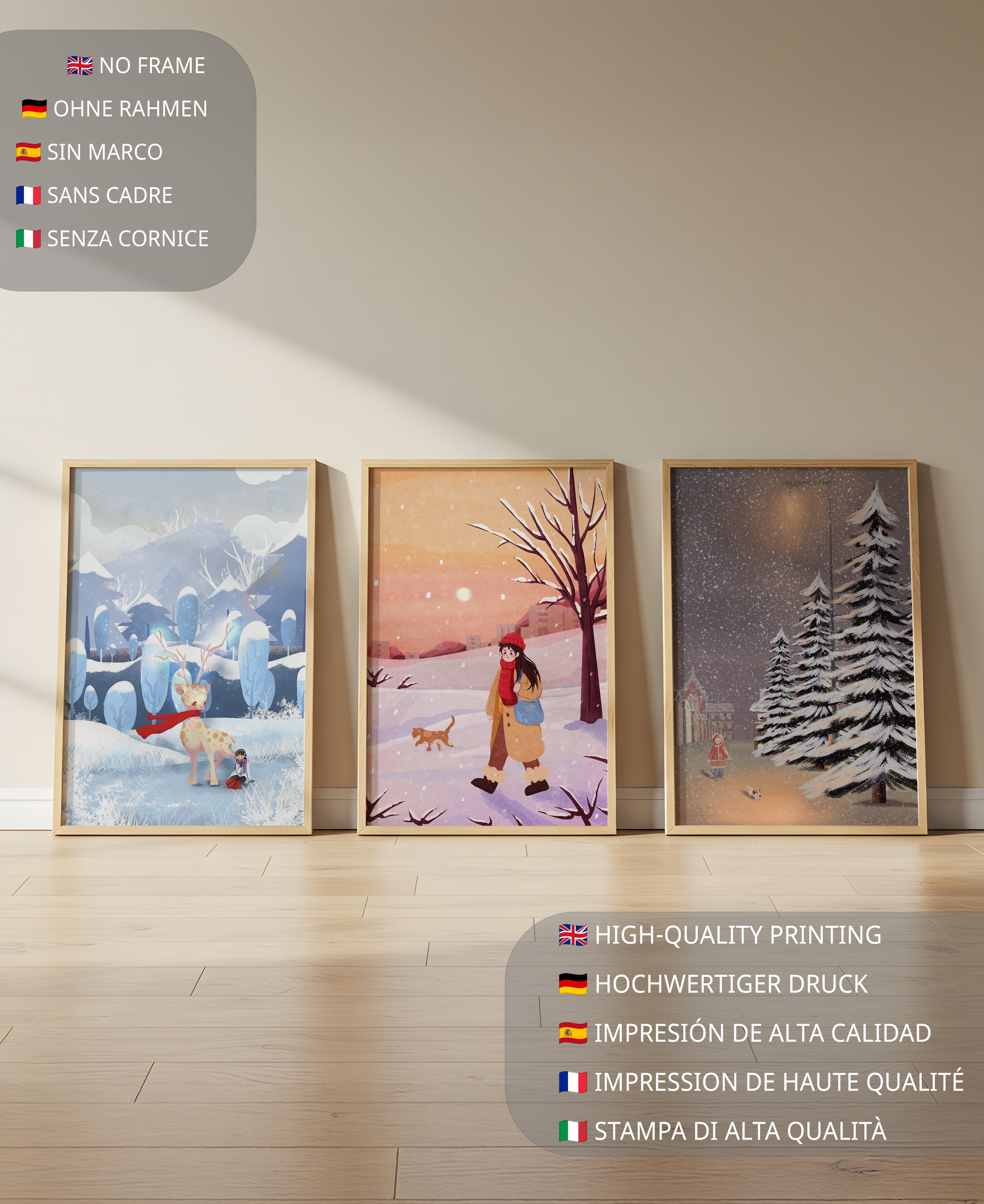 Conjunto de Tres Ilustraciones de Invierno en Tonos Cálidos y Fríos