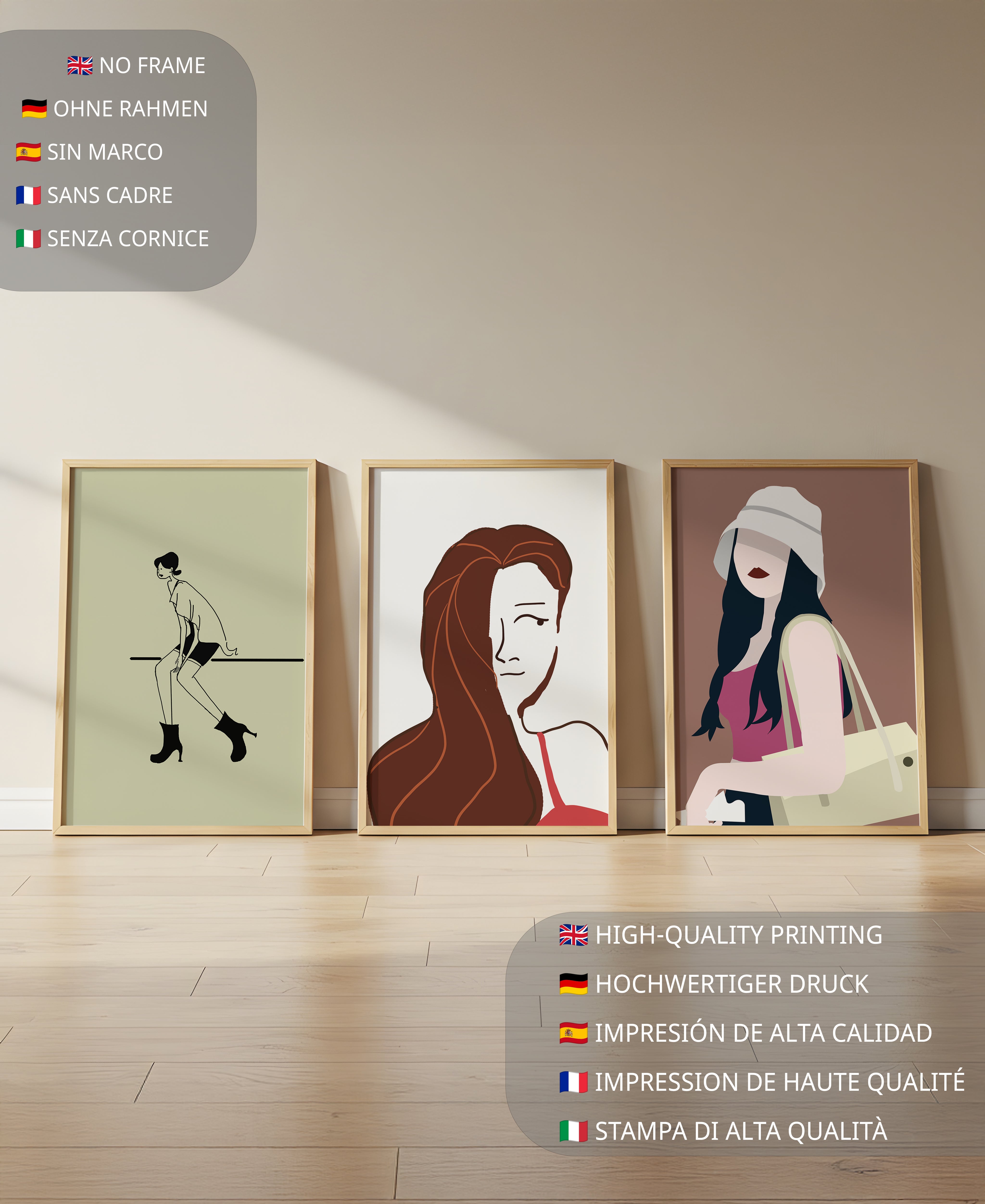 Images minimalistes de figures féminines dans des cadres en bois