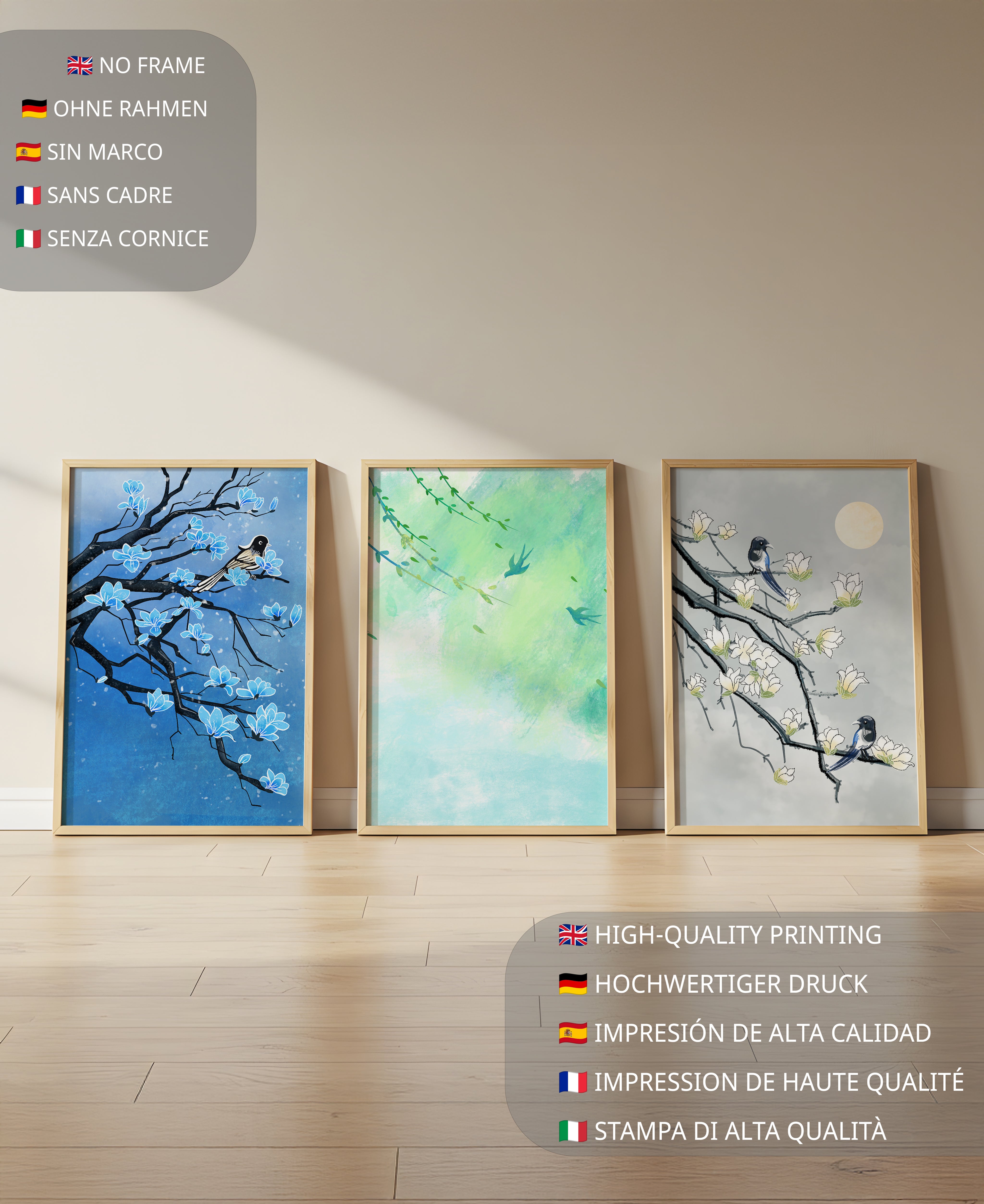 Tríptico Floral con Pájaros en Colores Suaves