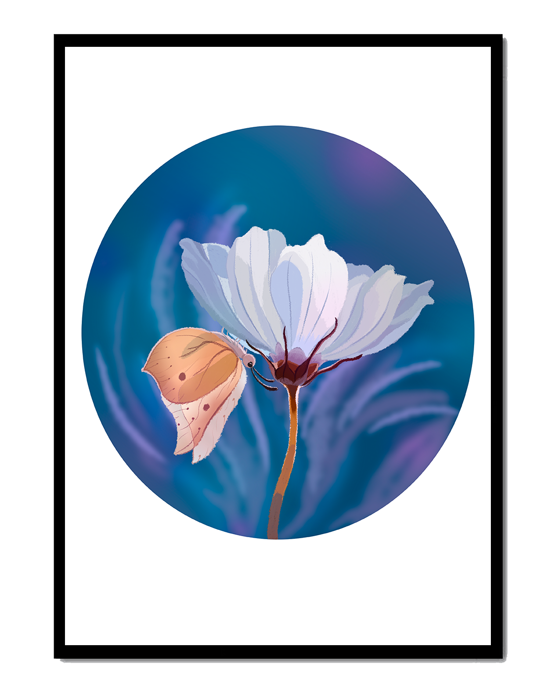 Delicate butterfly resting on a white flower in a serene blue background