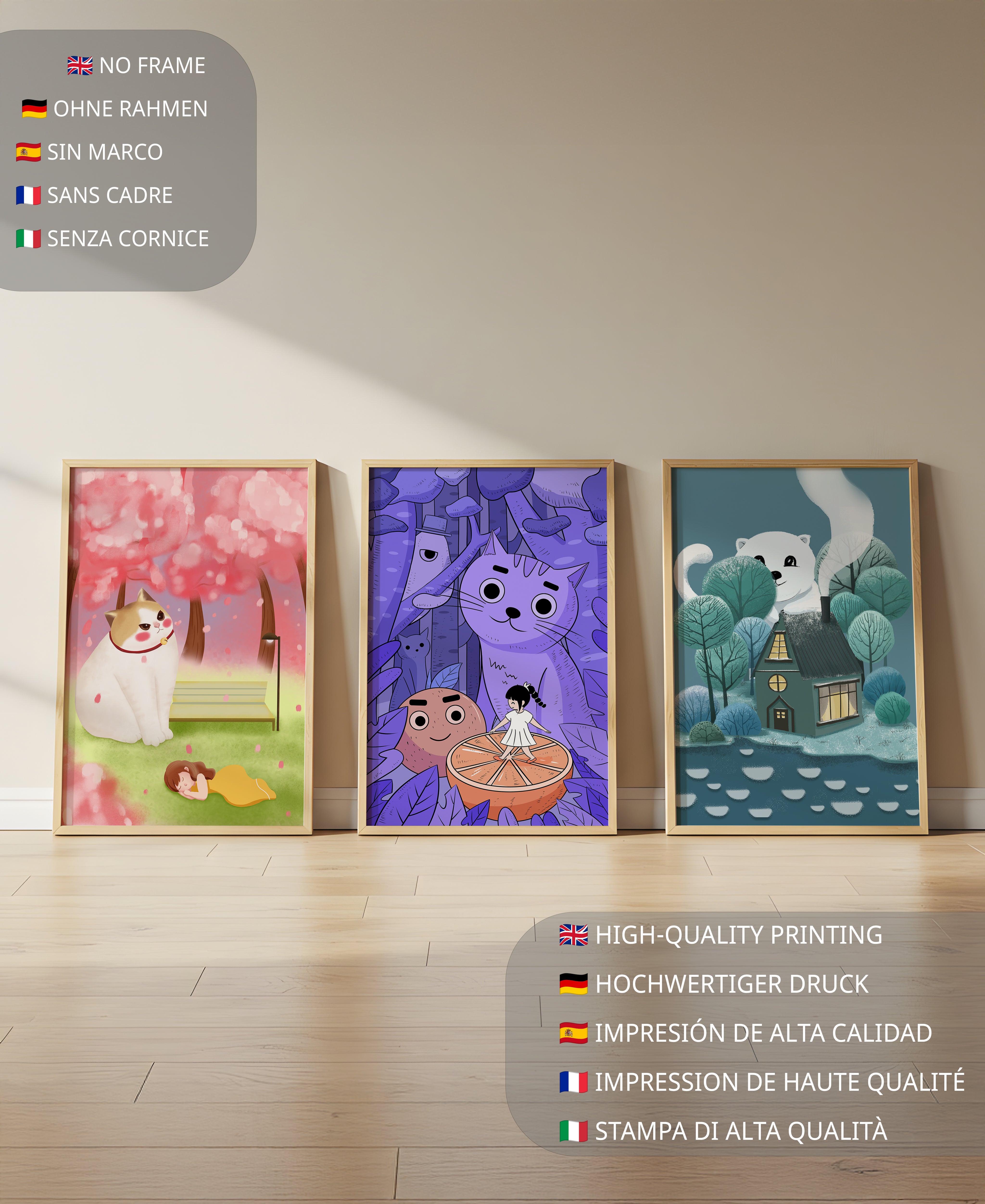 Tríptico de ilustraciones de gatos en paisajes mágicos