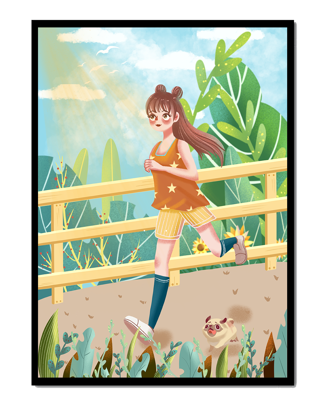 Girl Jogging with Pet Dog in a Vibrant Park Setting