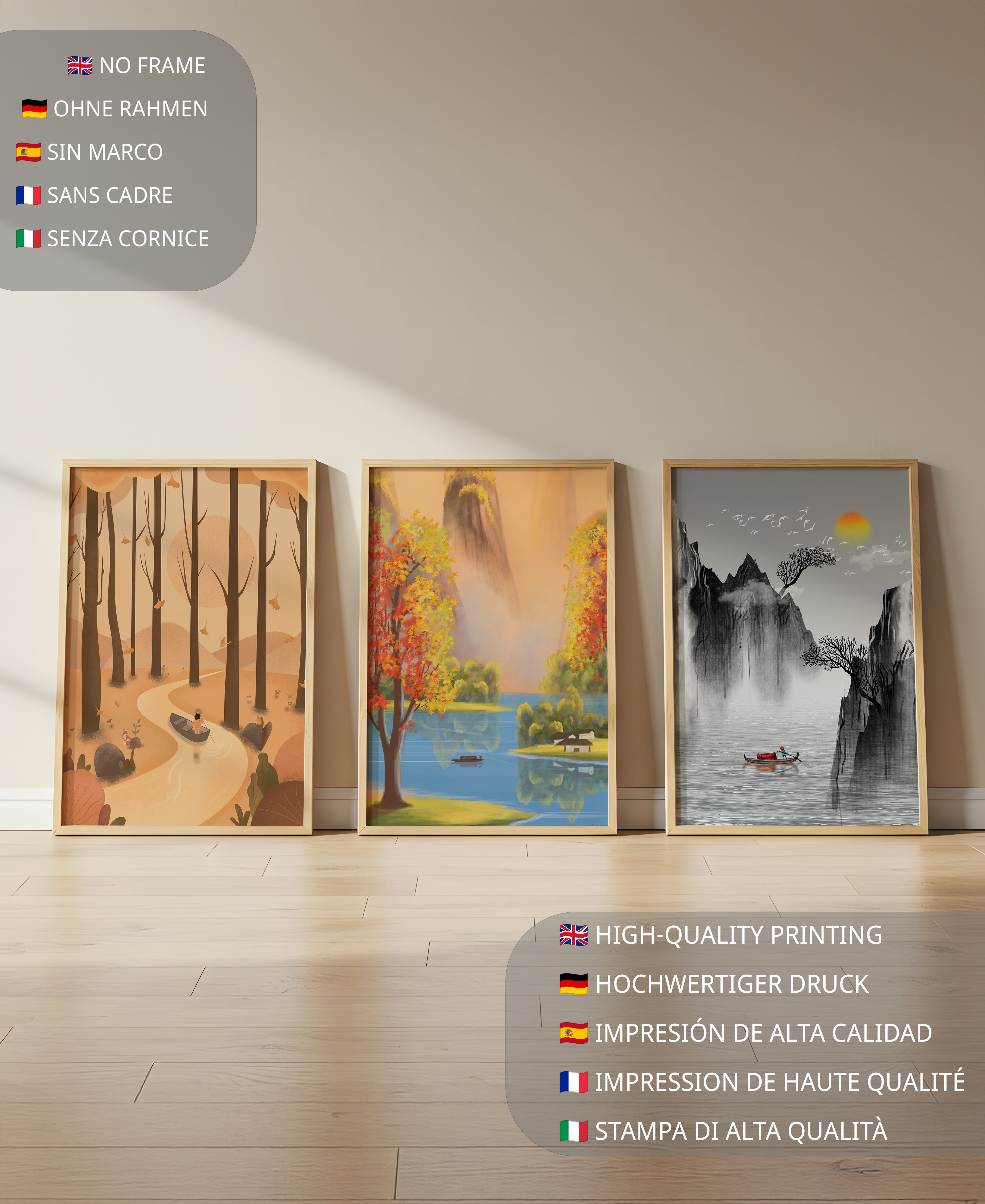 Conjunto de Cuadros Paisajes Naturales Escénicos con Arte Asiático