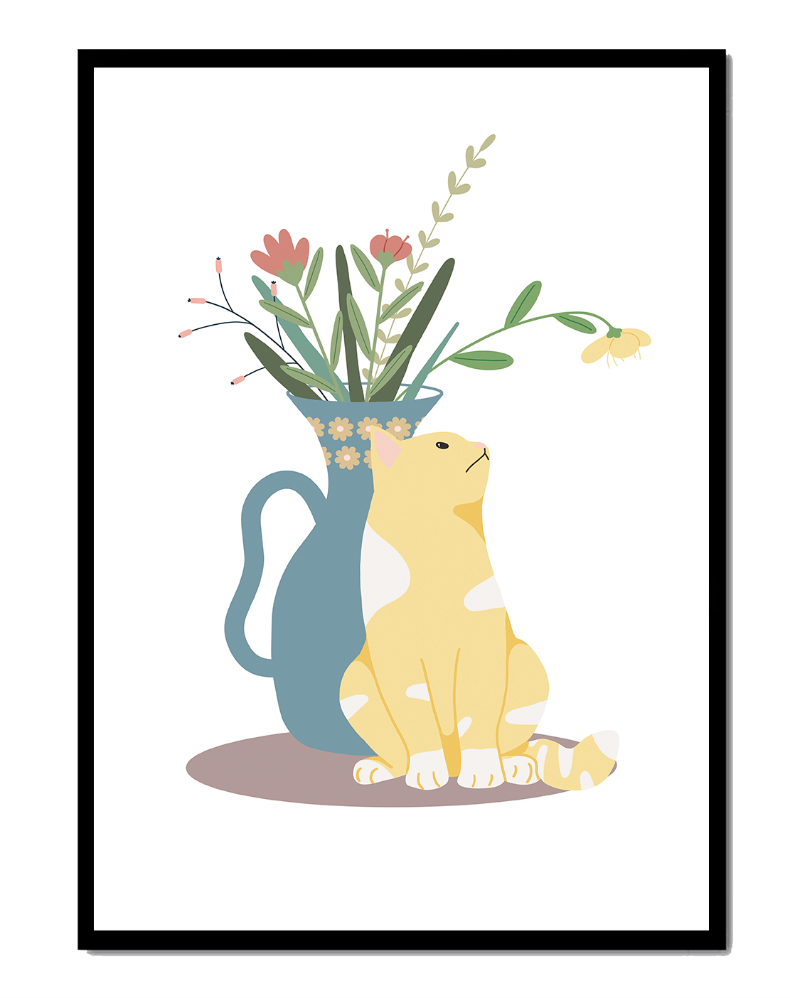 Illustration of a cat sitting beside a floral vase