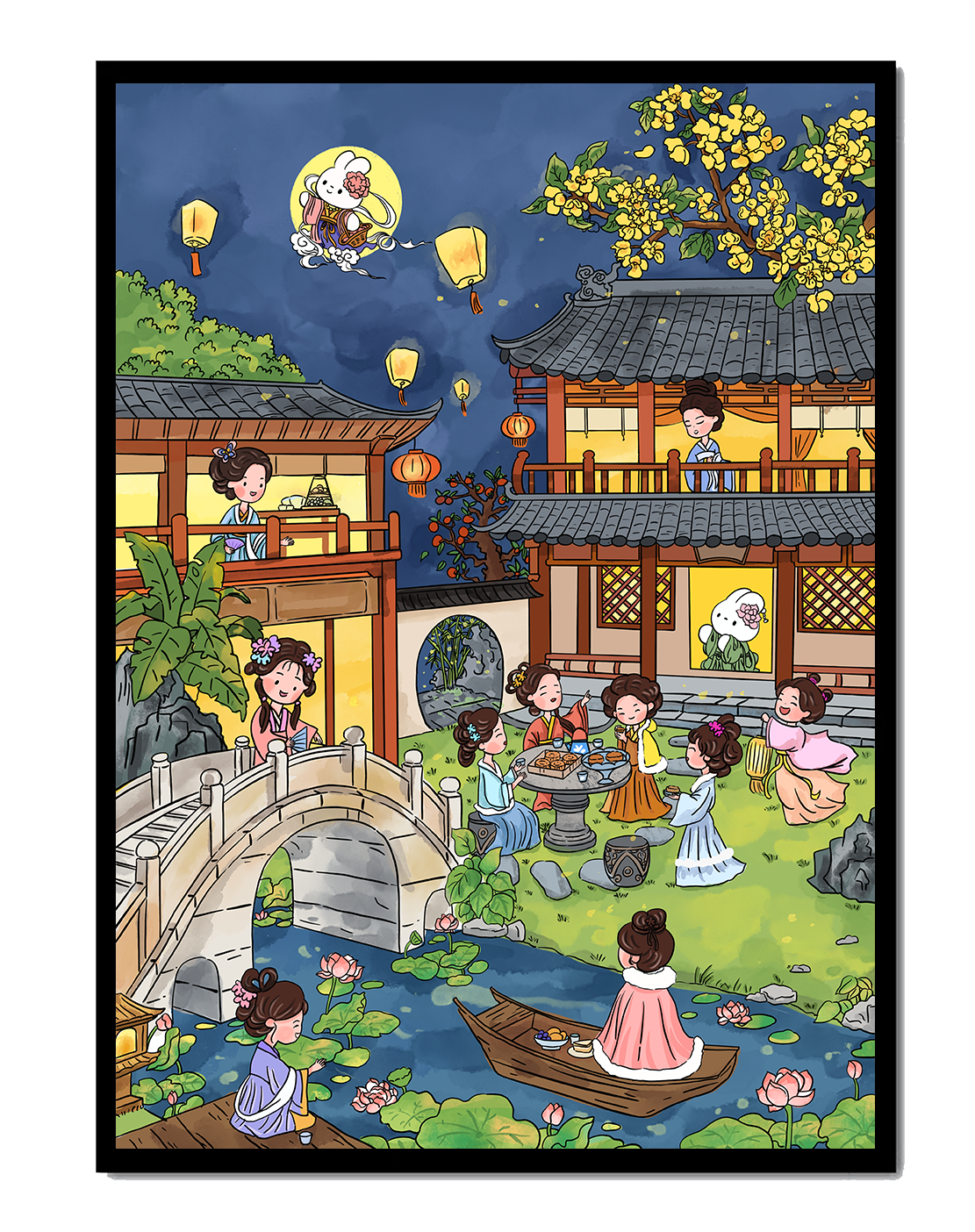 Escena de jardín chino tradicional con linternas y conejo lunar