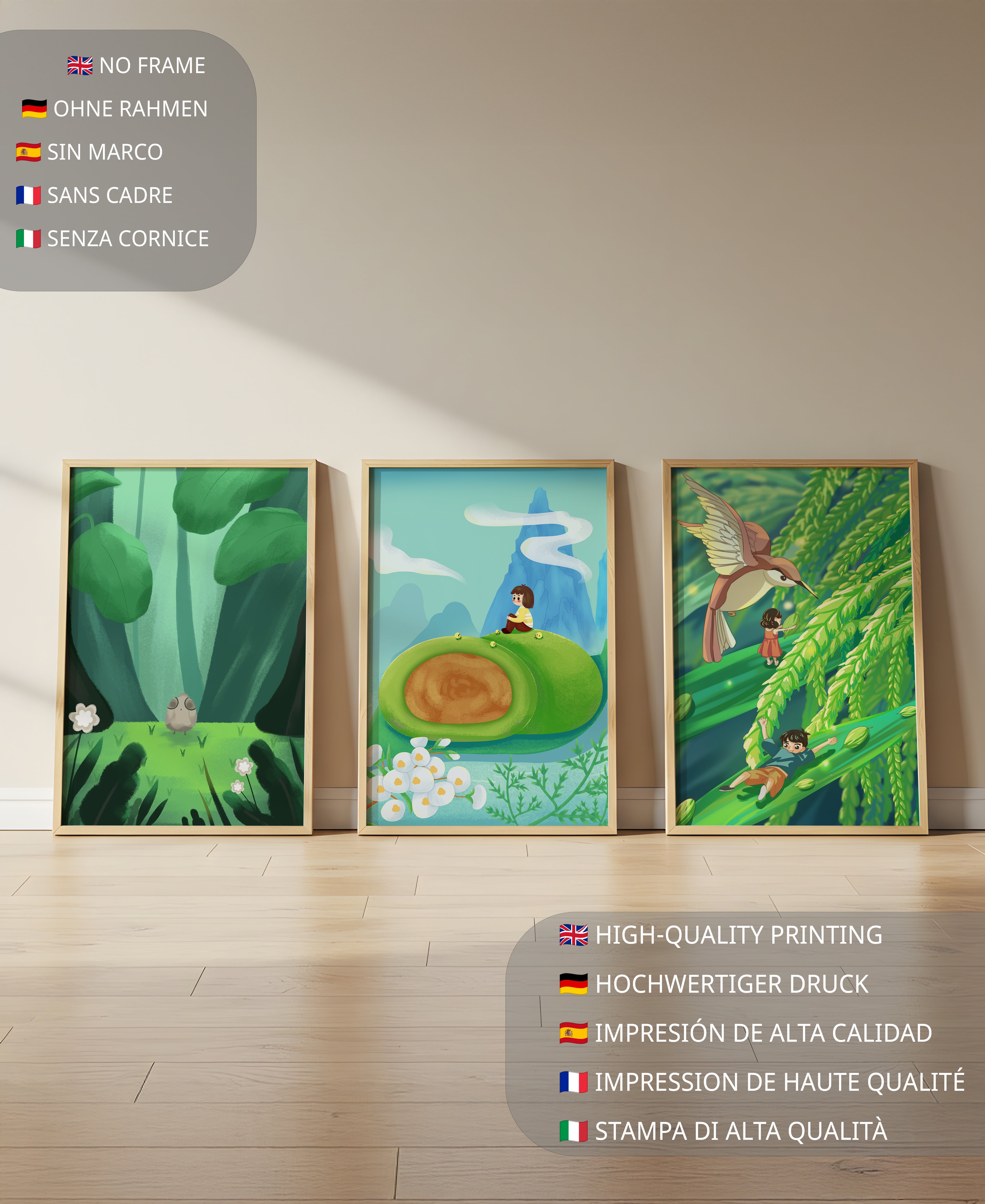 Pared Con Tres Impresiones Artísticas De Paisajes Naturales Oníricos