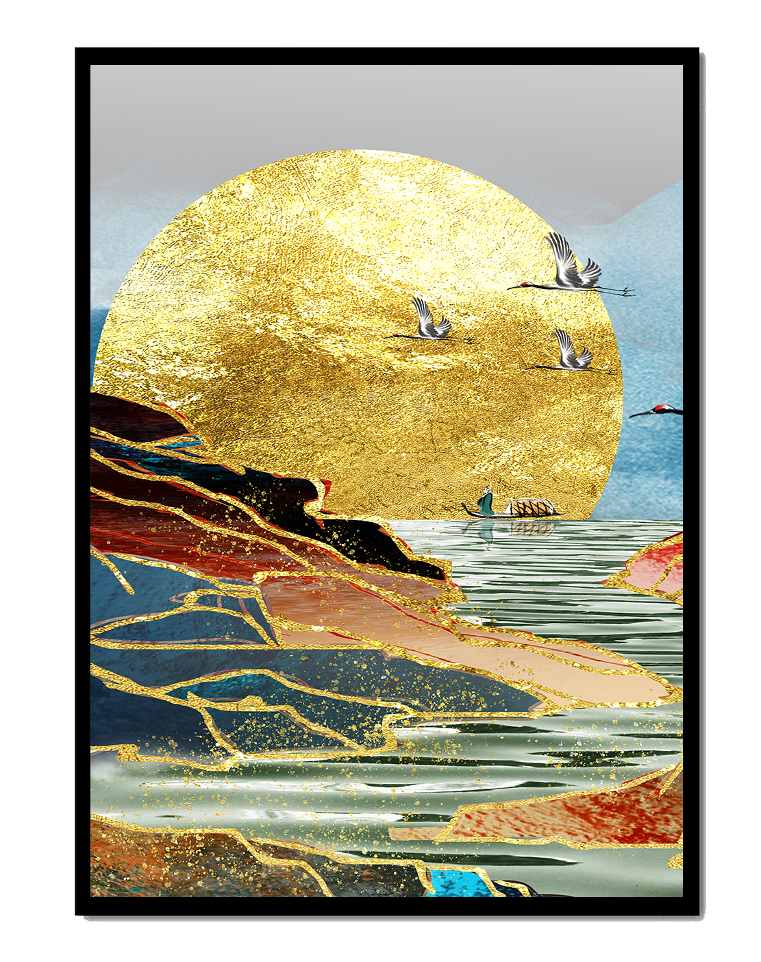 Majestic Golden Sun with Birds over Serene Landscape