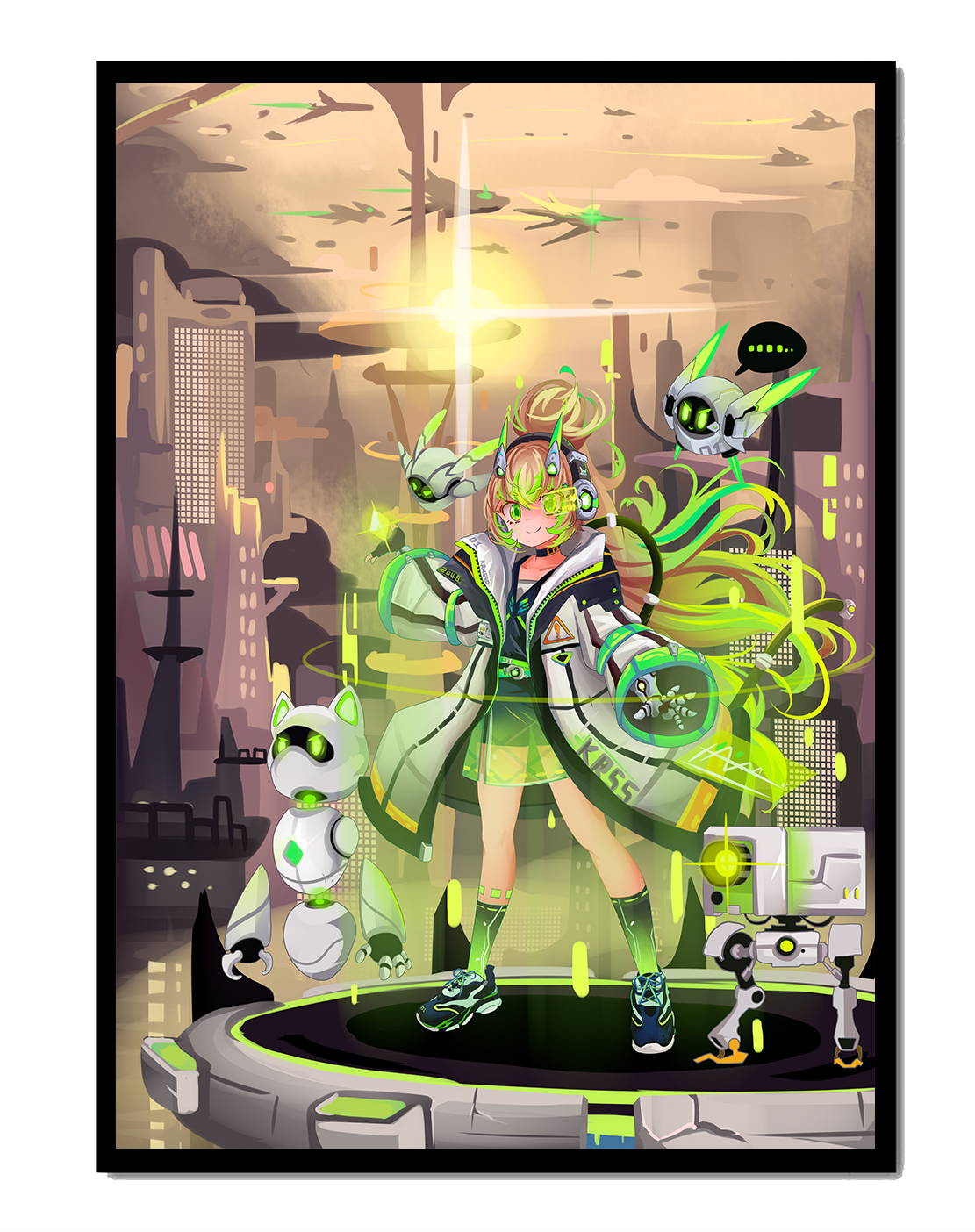 Futuristic anime girl with green aura and robotic companions in a sci-fi cityscape